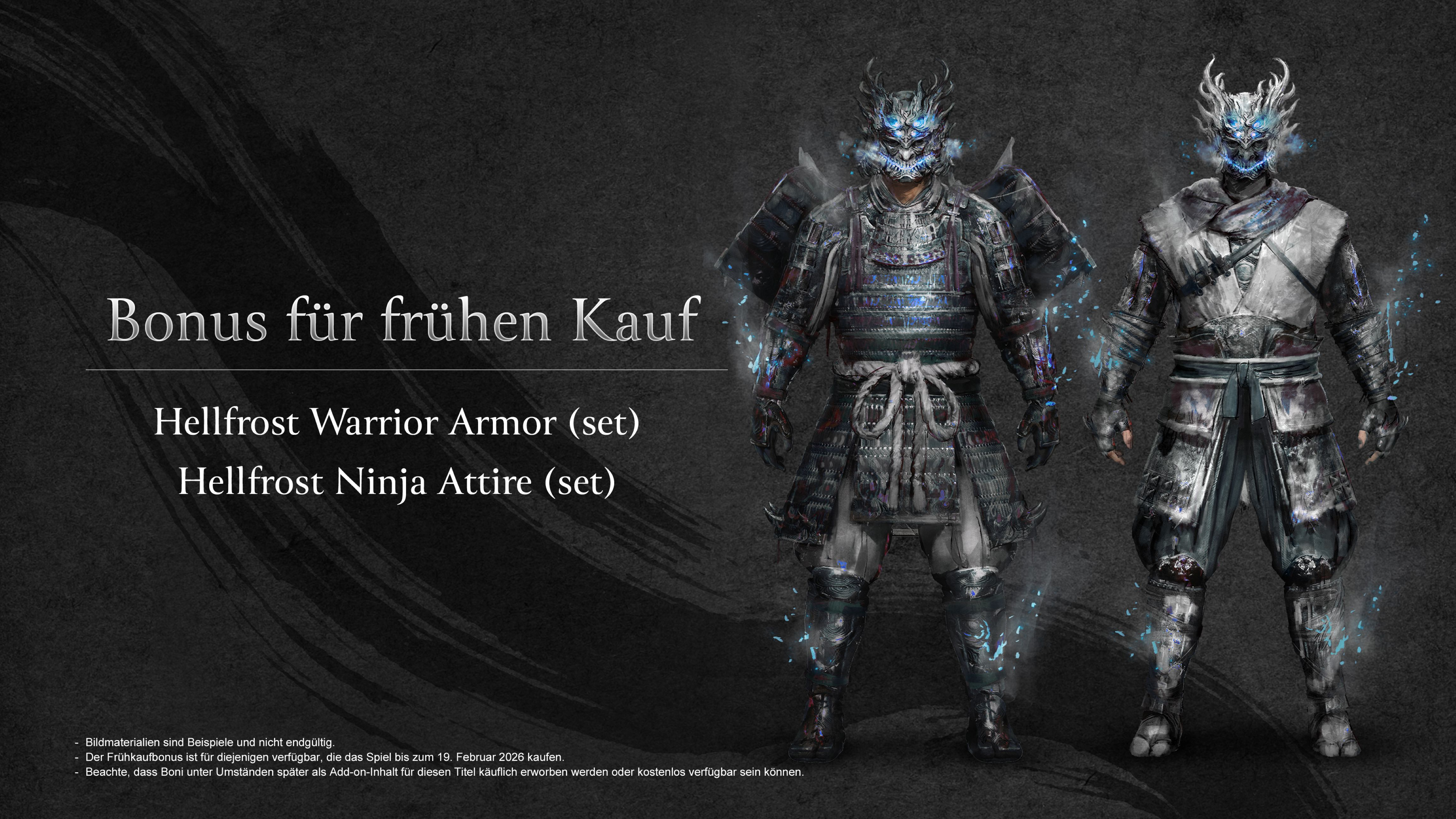 Das Bild zeigt zwei gepanzerte Figuren. Eine trägt dunkle Rüstung, die andere helle. Text beinhaltet "Hellfrost Warrior Armor" und "Ninja Attire".