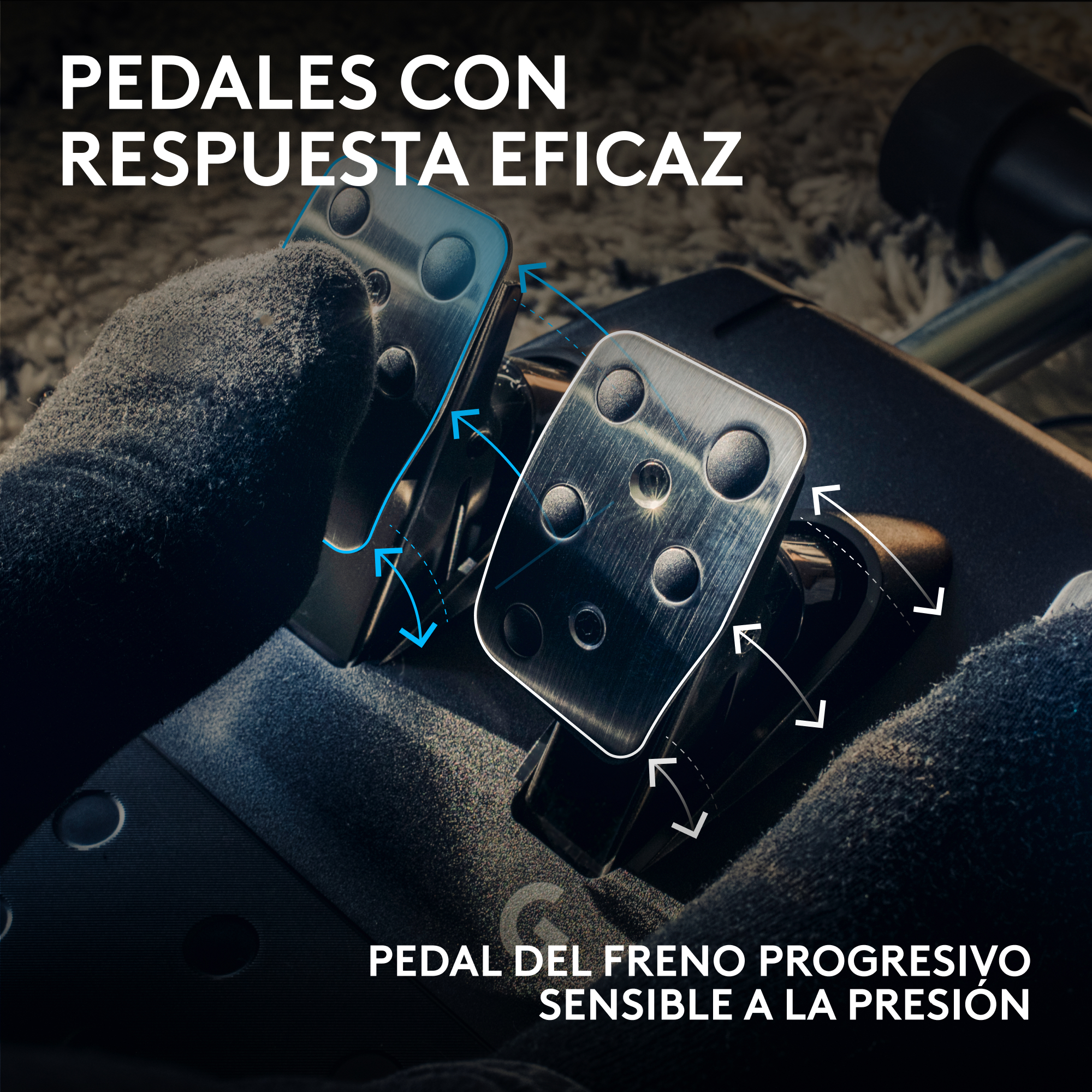 Imagen muestra primeros planos de pedales de coche con flechas que indican movimiento. Texto en español describe las características.