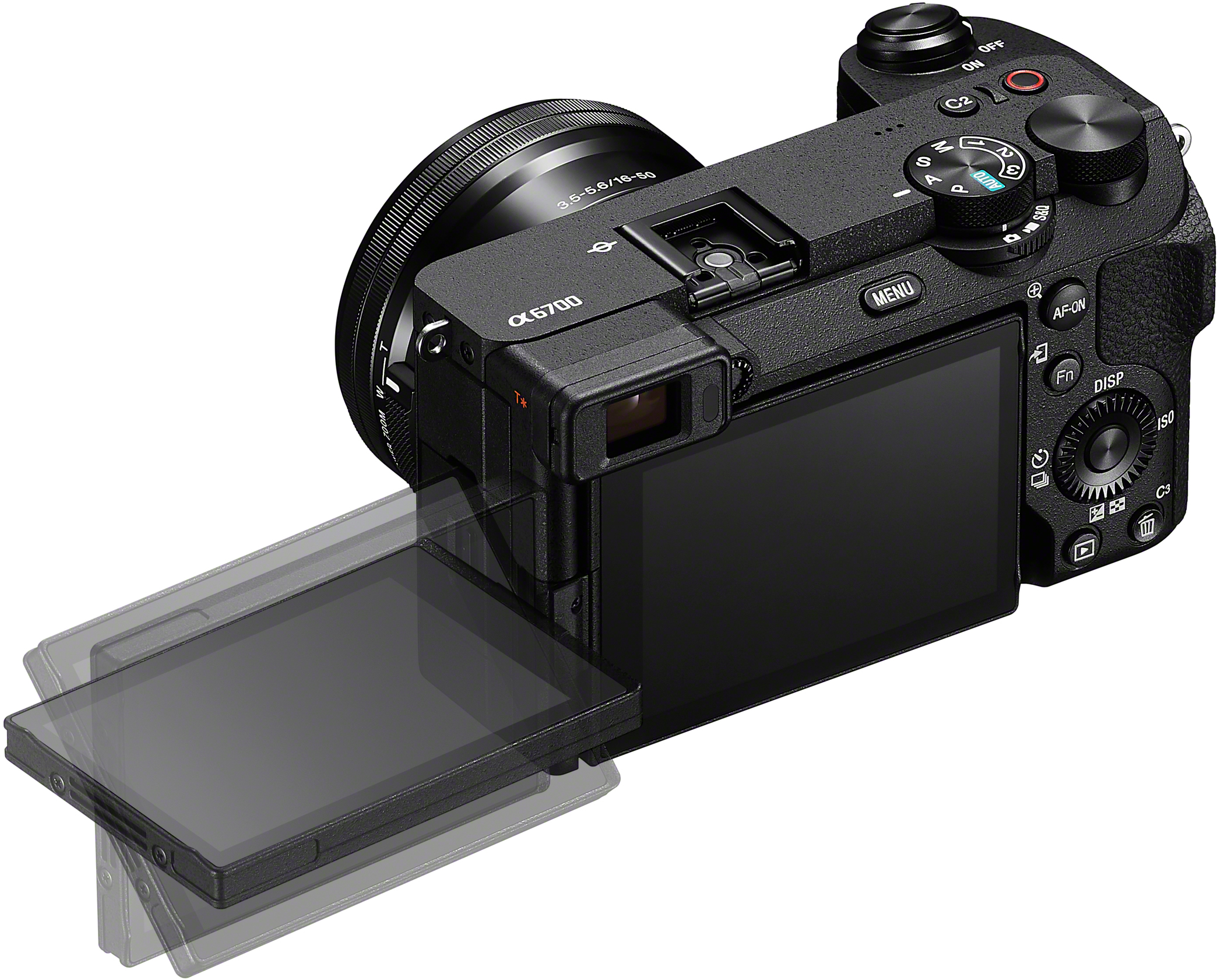 Eine schwarze Sony Alpha 6700 Kamera mit Objektiv, offenem Bildschirm und verschiedenen Tasten. Der Bildschirm ist gekippt.