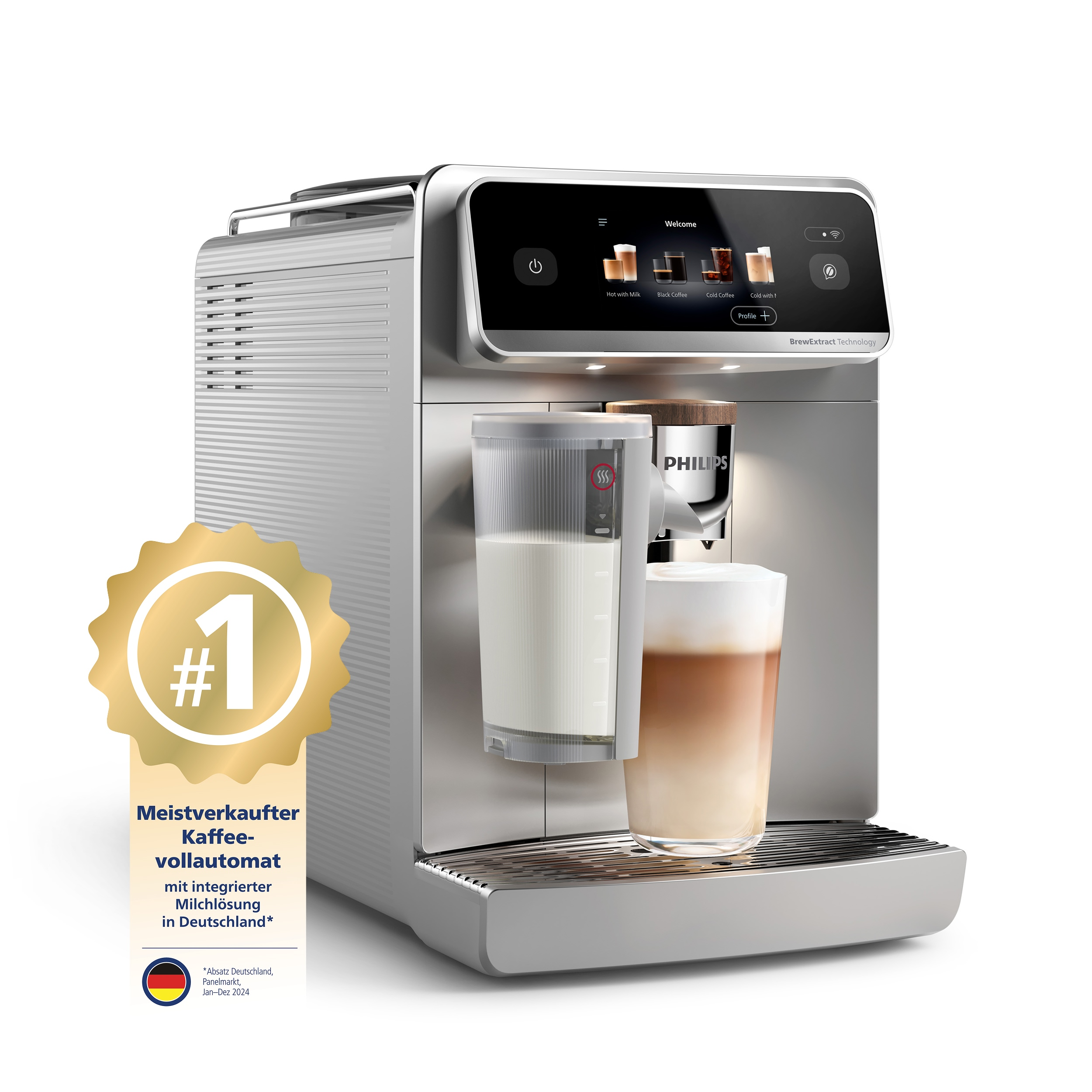Eine silberne Philips Kaffeemaschine mit Milchbehälter und einem Glas Latte. Ein goldenes Abzeichen mit '#1'.