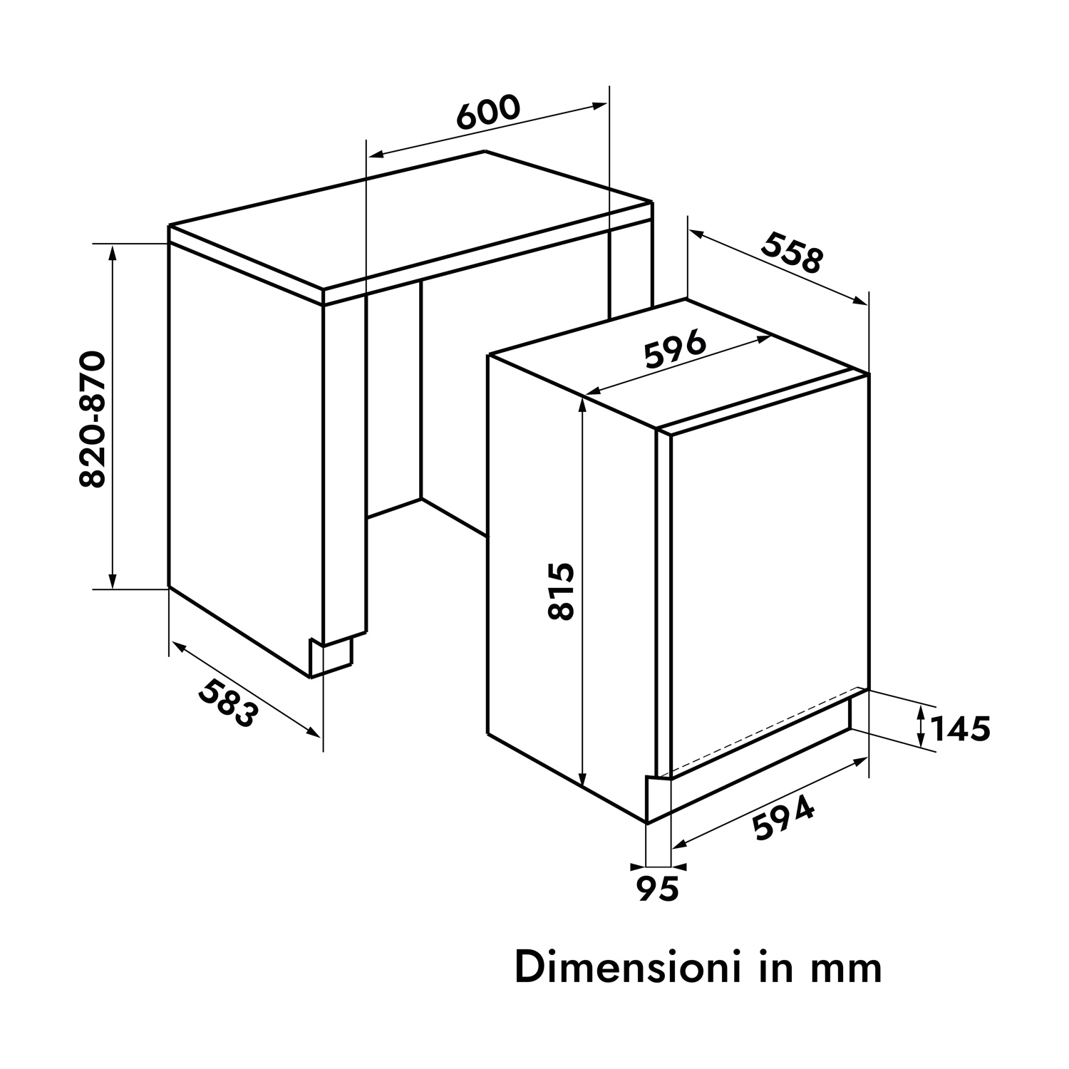 Diagramma di due blocchi rettangolari con dimensioni in mm. Un blocco è alto 820-870 mm, largo 600 mm. L'altro è alto 815 mm, largo 596 mm.