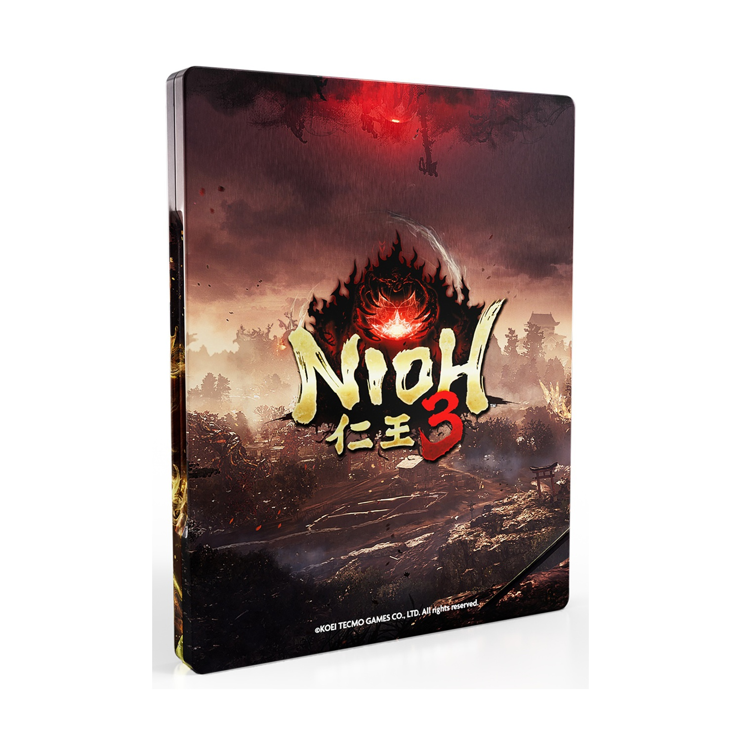 Custodia del gioco con il titolo 'Nioh 3'. Immagini rosse e nere di un campo di battaglia con caratteri giapponesi. Sfondo bianco.