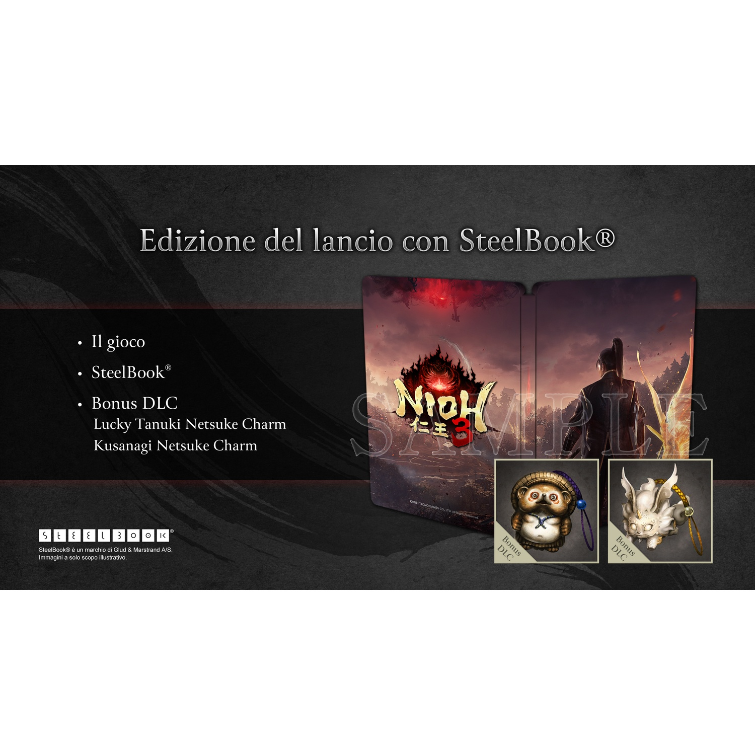 Copertina del gioco 'Nioh', SteelBook, bonus DLC: Lucky Tanuki e Kusanagi Netsuke. Testo: Edizione del lancio con SteelBook®.
