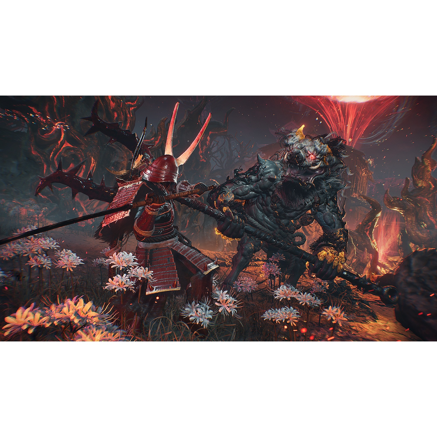 Un samurai con armatura rossa combatte un grande mostro con una lancia in un ambiente fantastico e infuocato.