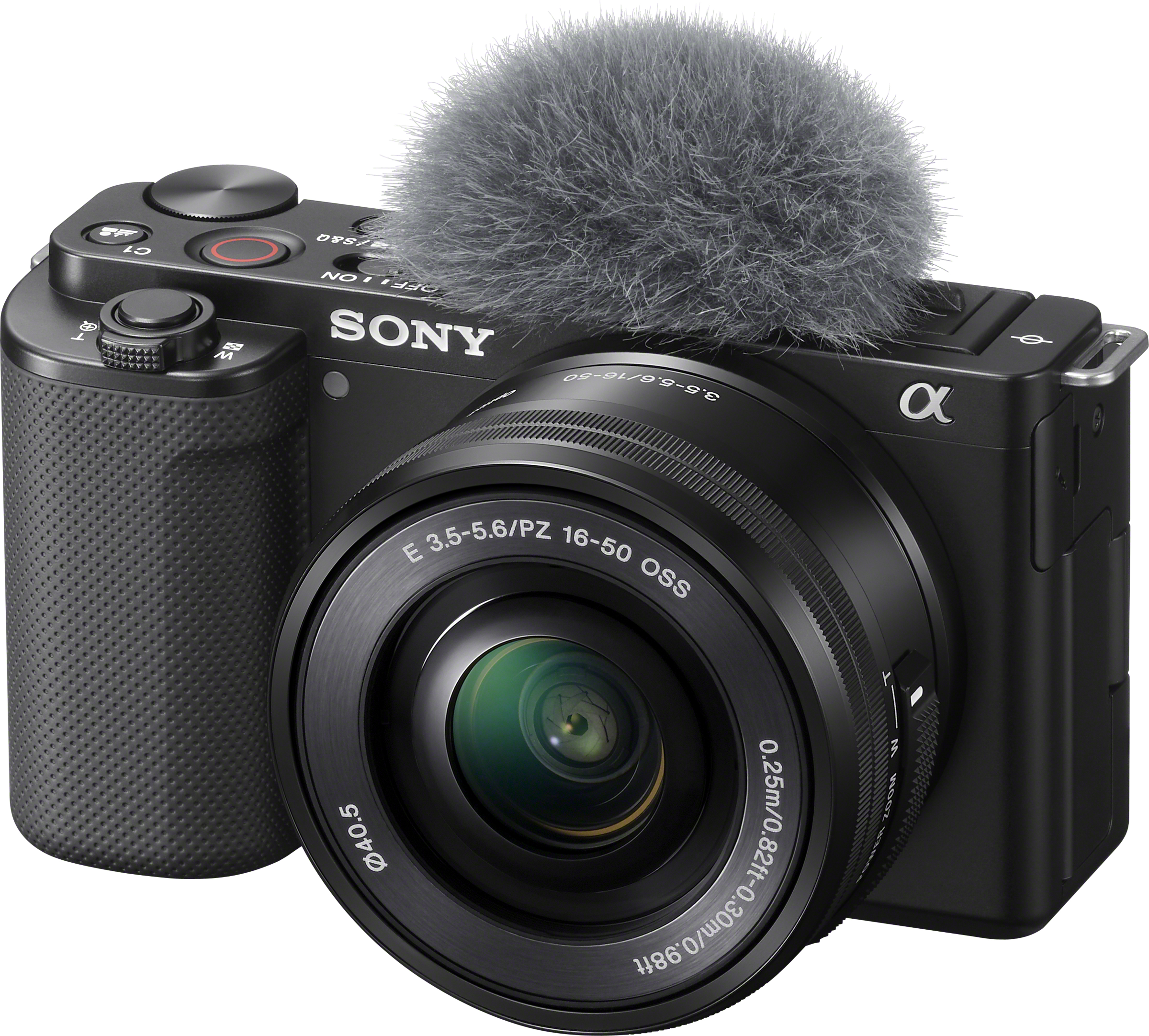Schwarze Sony-Kamera mit flauschigem Mikrofon. Das Objektiv ist deutlich sichtbar. Der Hintergrund ist weiß.