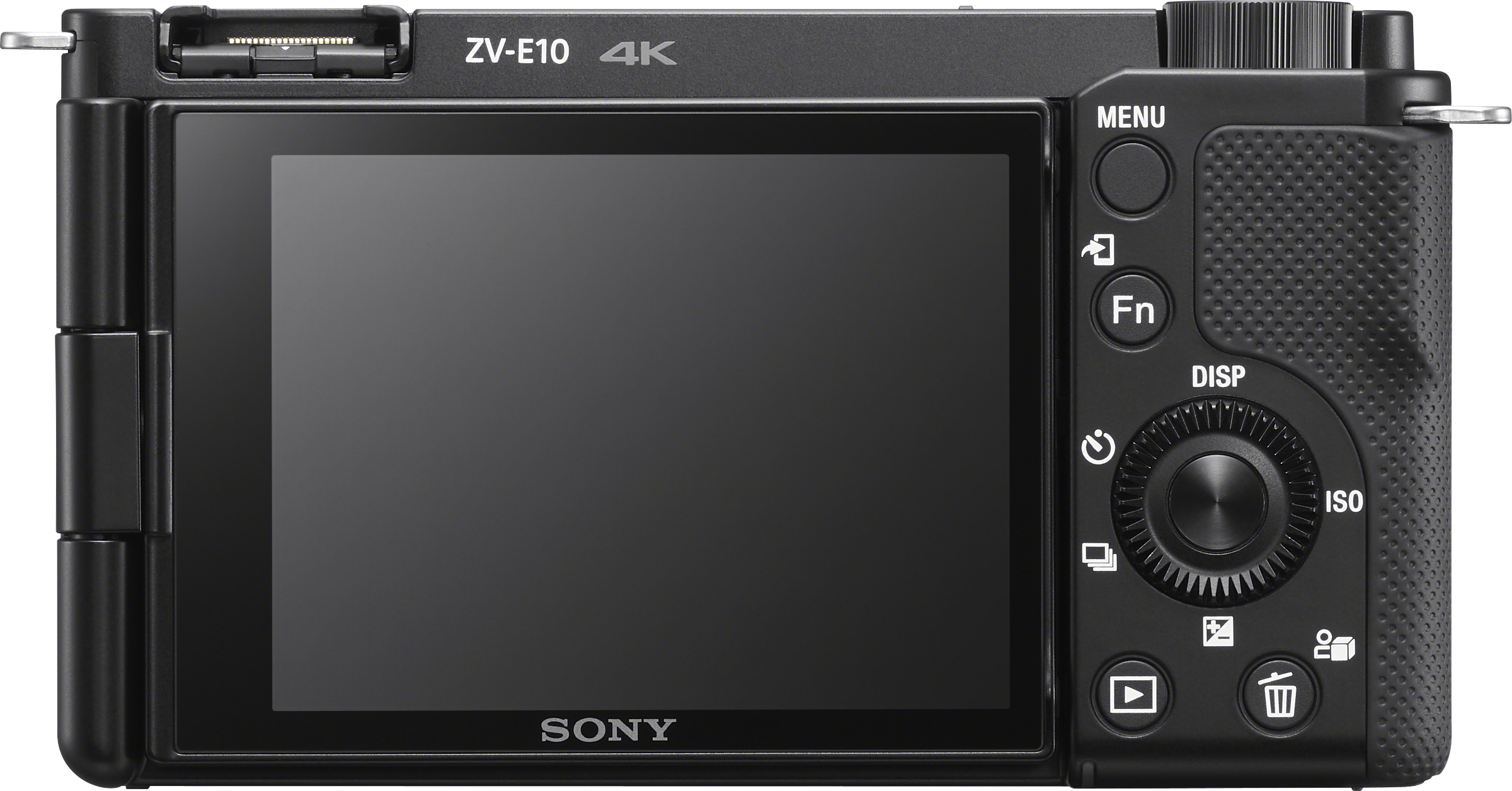 Schwarze Sony ZV-E10 Kamerarückseite. Der Bildschirm ist dunkel. Tasten sind Menü, Funktion, Display, Strom und ISO-Rad.