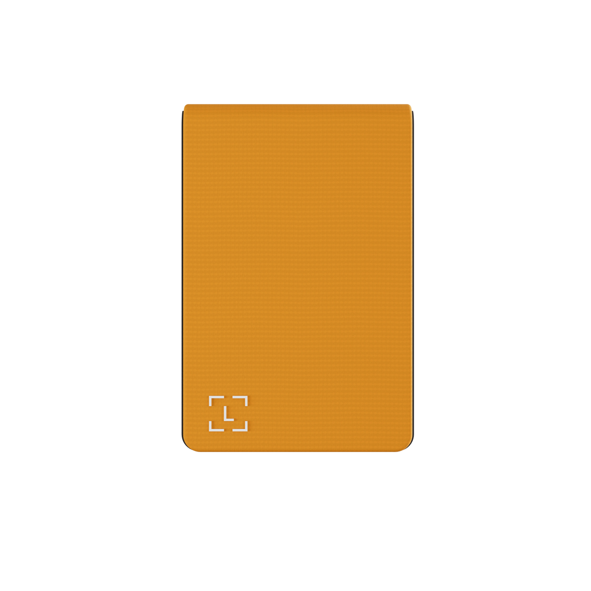 Ein orangefarbenes rechteckiges Pad mit strukturierter Oberfläche und schwarzen Rändern. Ein weißes quadratisches Symbol befindet sich unten links.