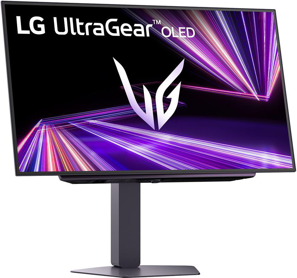 Ein LG UltraGear OLED-Monitor. Der Bildschirm zeigt ein lila-weißes Logo und einen Hintergrund. Er hat einen dunkelgrauen Ständer.