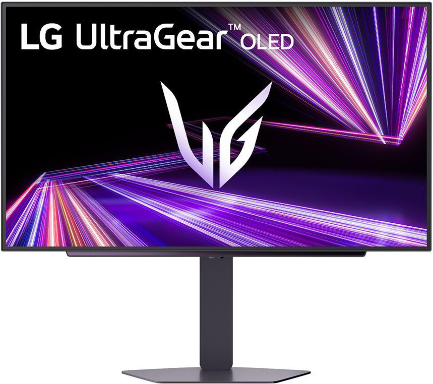 Ein LG UltraGear OLED-Monitor. Der Bildschirm zeigt ein Logo und abstrakte lila und weiße Lichtstreifen auf schwarzem Hintergrund.