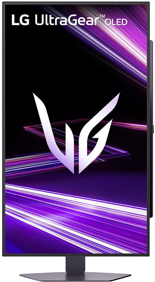 LG UltraGear OLED-Monitor mit weißem Logo auf schwarzem Hintergrund. Lila Lichtspuren und dunkler Ständer.