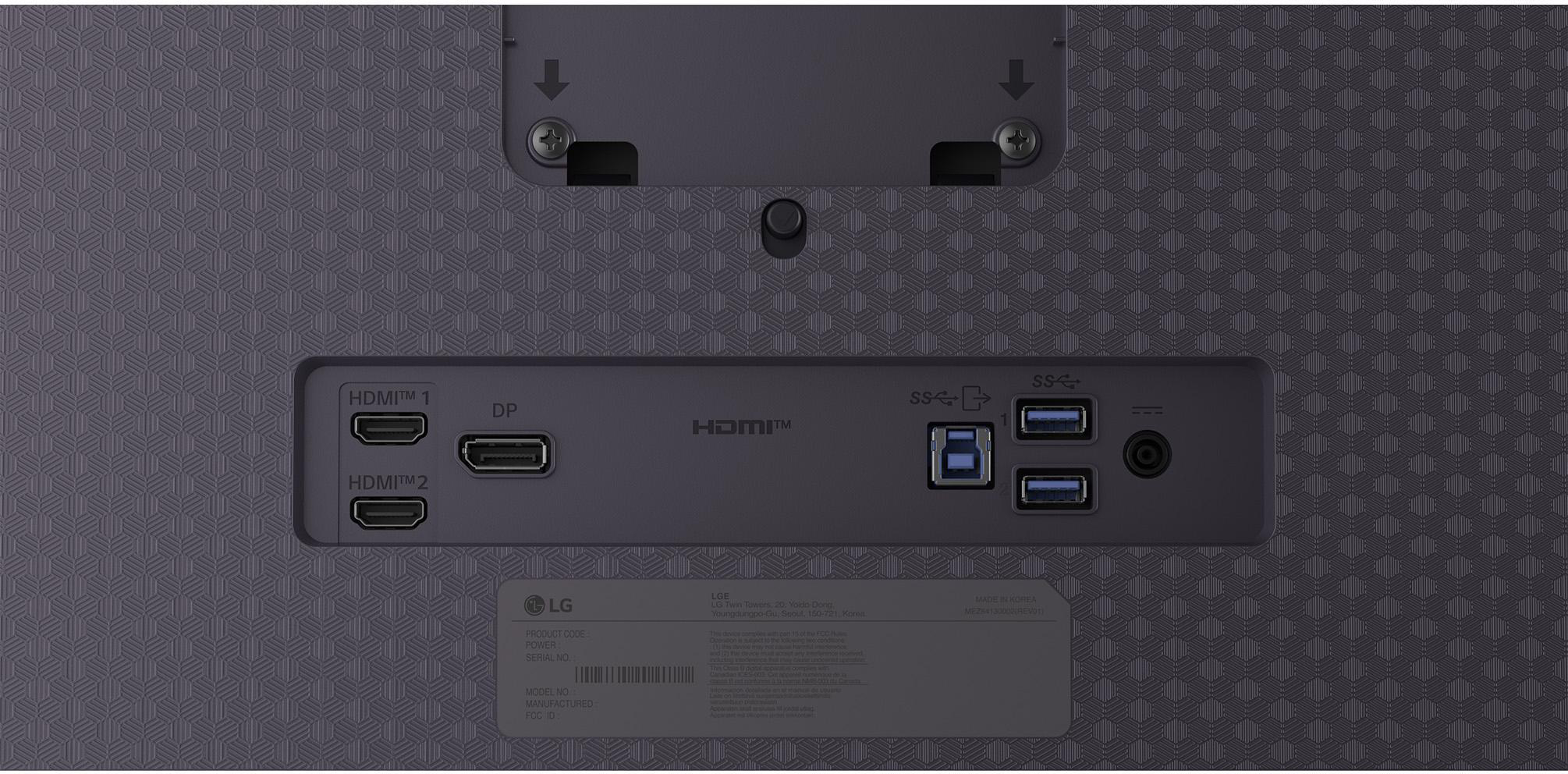 Rückseite eines Monitors mit Anschlüssen: HDMI, DP, USB und Audioanschluss. Er hat eine gemusterte graue Oberfläche.