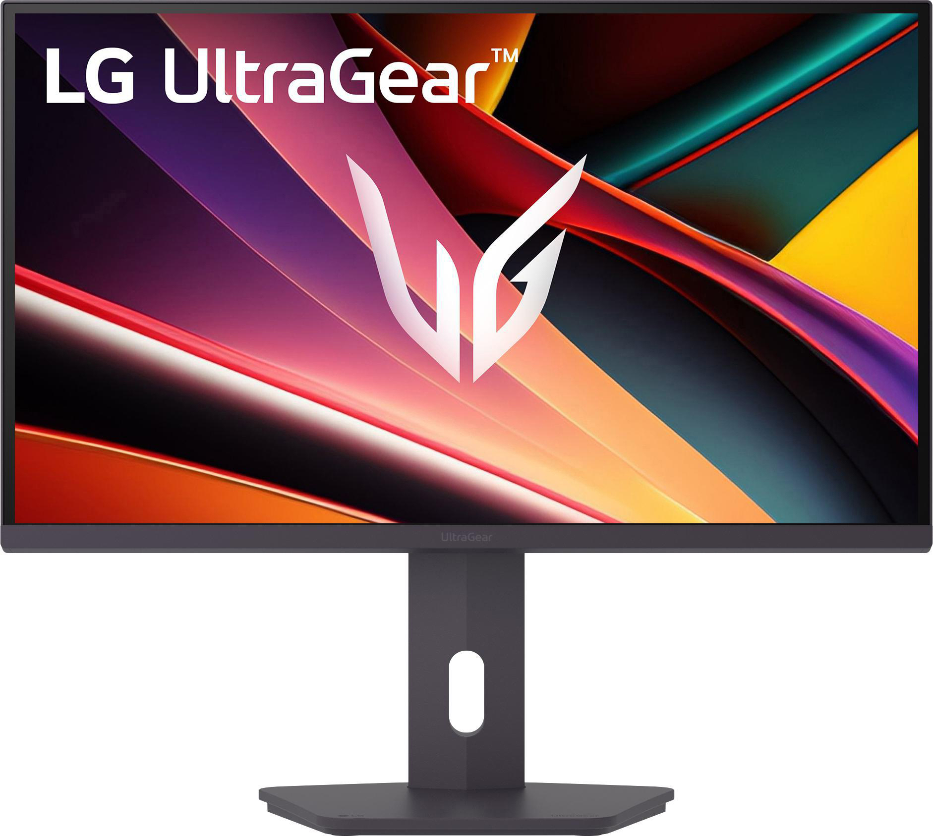 LG UltraGear Monitor. Das Display zeigt ein abstraktes, farbenfrohes Design. Der Ständer ist dunkelgrau.