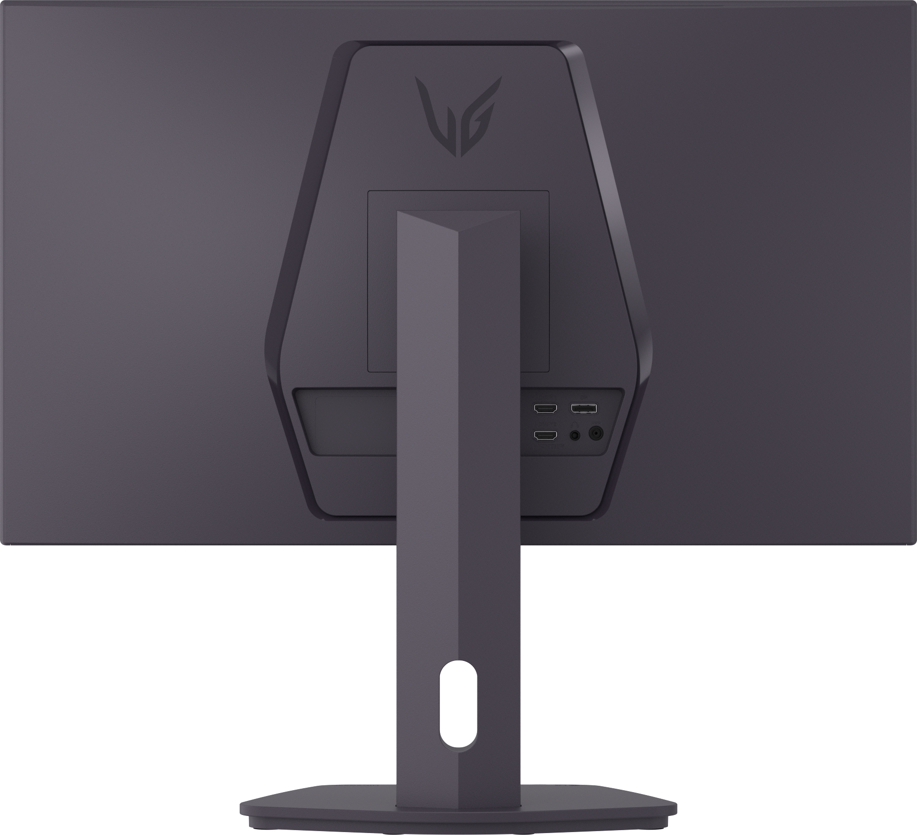 Rückseite eines dunkelgrauen Monitors. Anschlüsse und Ständer sind sichtbar. LG-Logo oben mittig.