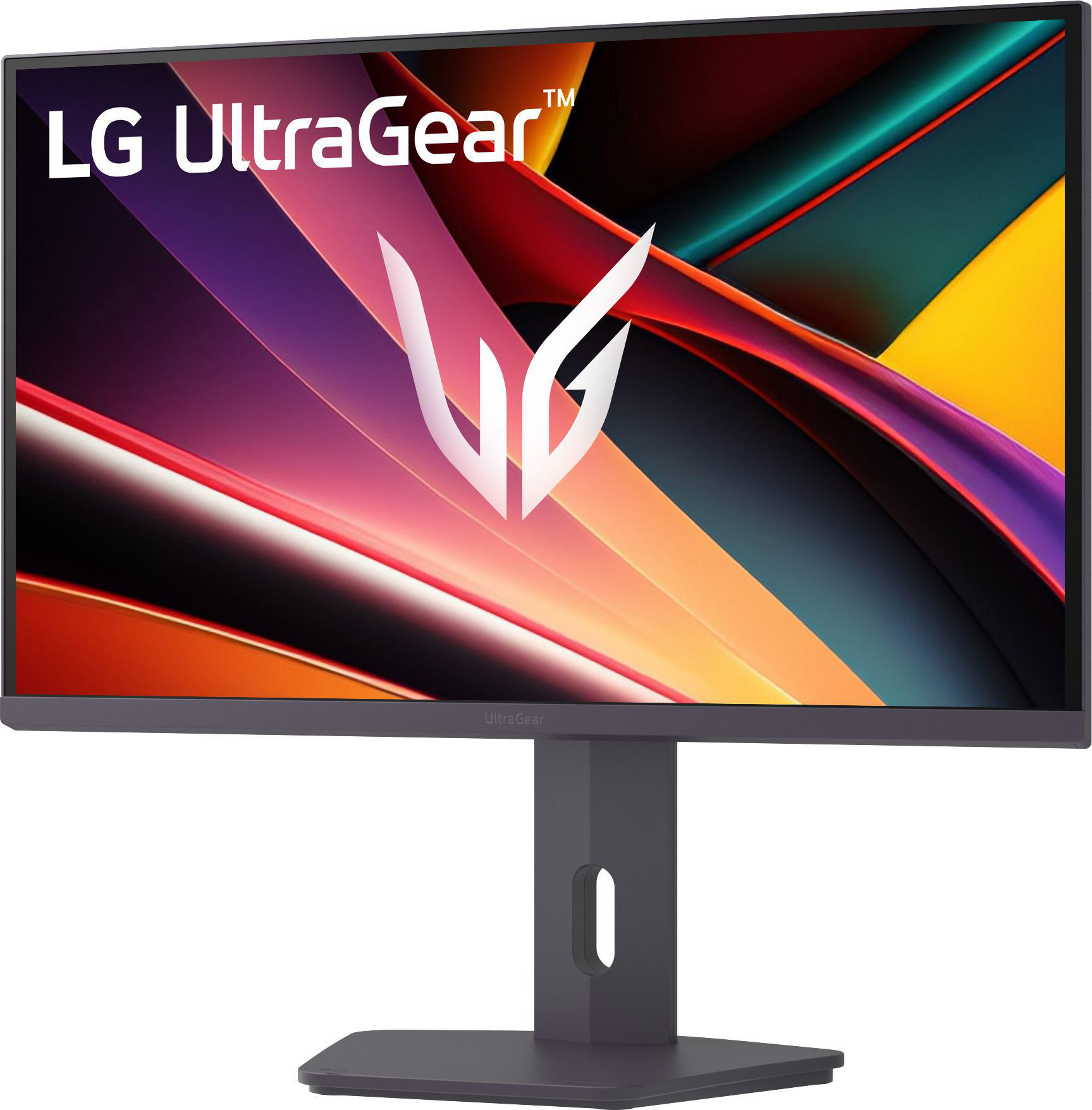 LG UltraGear Monitor. Das Display zeigt ein farbenfrohes abstraktes Design. Der Monitor ist dunkelgrau und steht auf einem passenden Sockel.