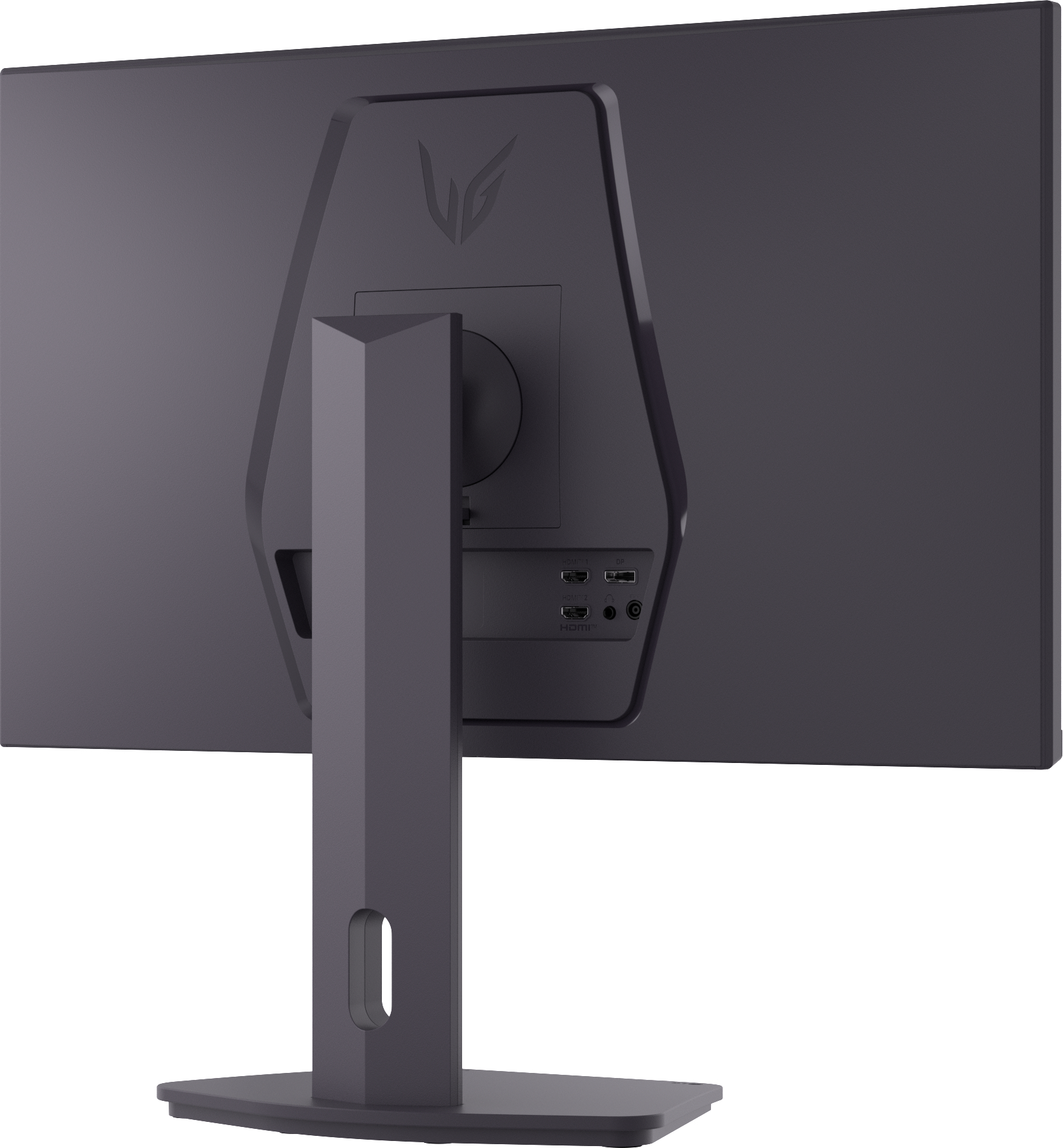 Die Rückseite eines grauen Computermonitors. Es hat einen Ständer, Anschlüsse und ein Logo. Der Monitor steht auf weißem Hintergrund.