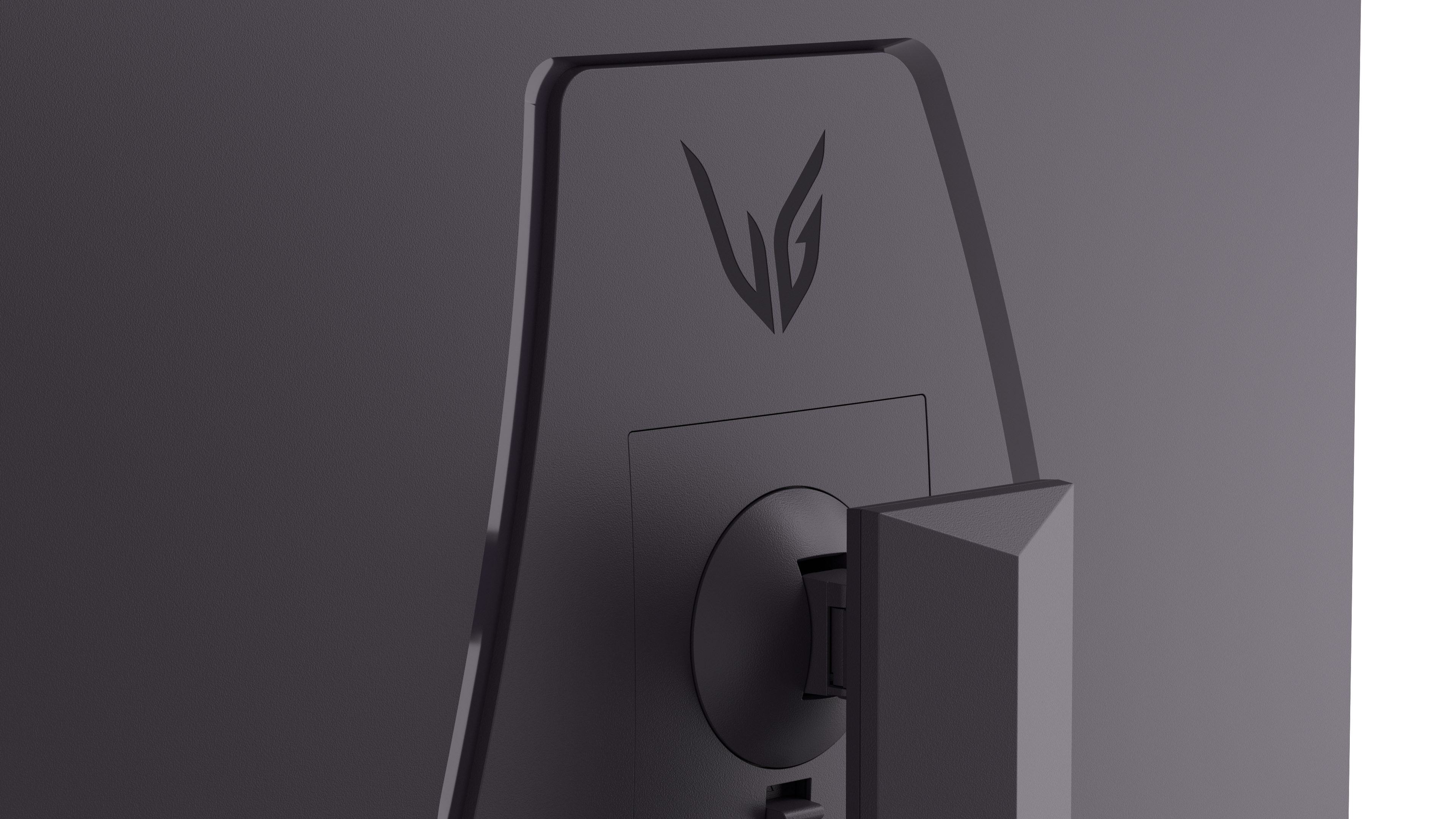 Nahaufnahme eines dunkelgrauen Monitors. Die Rückseite zeigt das LG-Logo. Der Ständer ist ebenfalls grau und eckig. Der Hintergrund ist ein Farbverlauf.