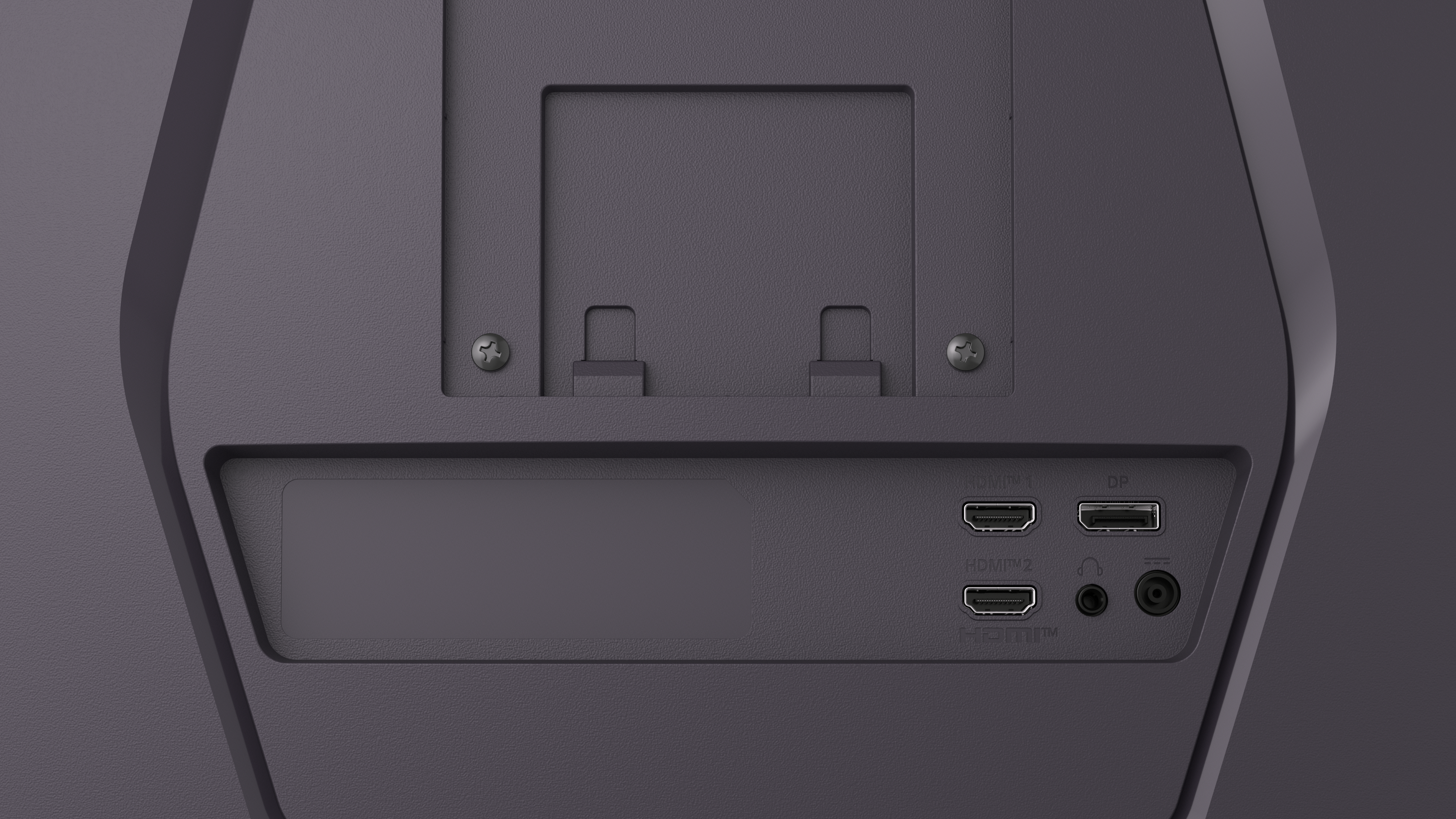 Nahaufnahme der Rückseite eines Monitors. Mit Anschlüssen (HDMI, DP, Audio), Schraubenlöchern und einem rechteckigen Ausschnitt. Graue Farbe.