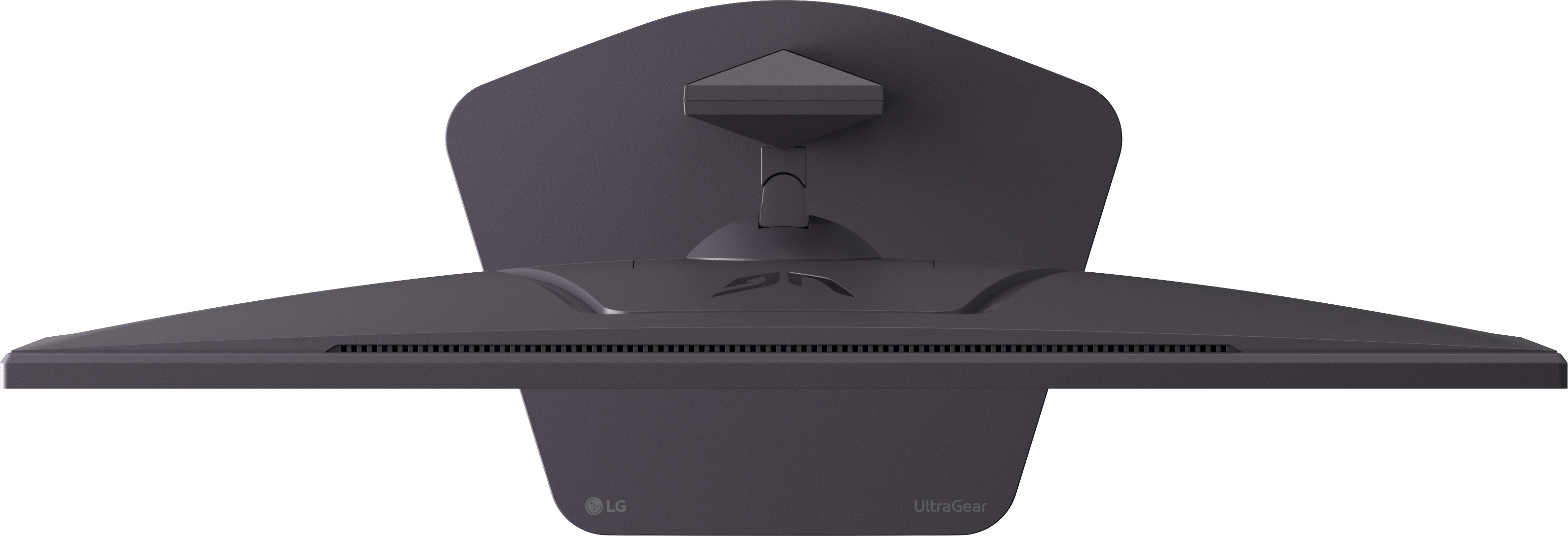 Draufsicht auf einen dunkelgrauen Computermonitor. Er hat einen Ständer, und die Logos von LG und UltraGear sind sichtbar.