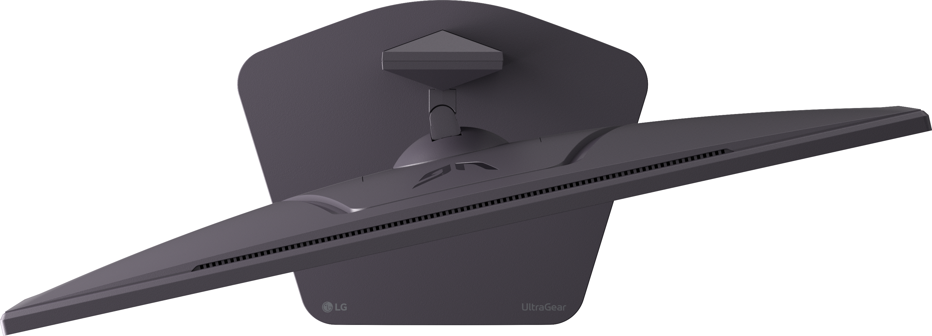 Ein grauer LG UltraGear-Monitor aus der schrägen Draufsicht. Der Ständer und der Bildschirm sind sichtbar.