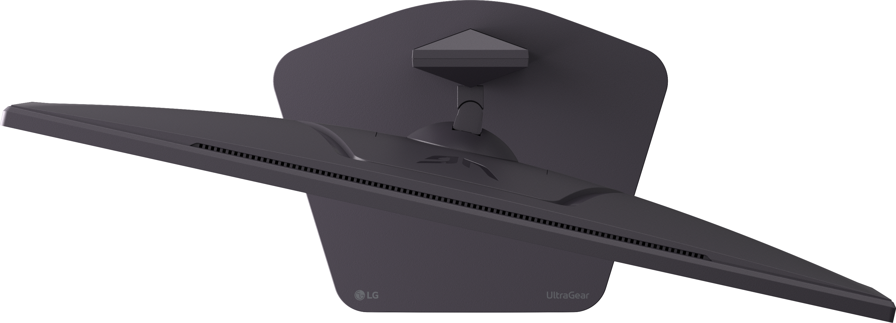 Die Rückseite eines dunkelgrauen LG UltraGear-Monitors mit angebrachtem Ständer wird gezeigt. Die Logos von LG und UltraGear sind sichtbar.
