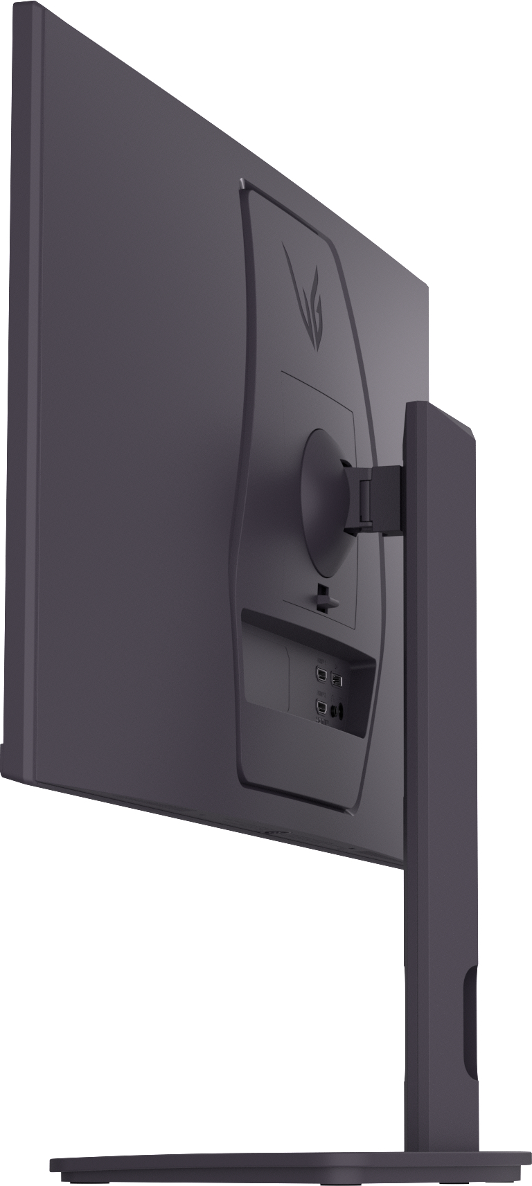 Ein grauer Computermonitor ist angewinkelt und zeigt die Rückseite mit Anschlüssen und Ständer. Der Monitor hat ein Logo im oberen Bereich.