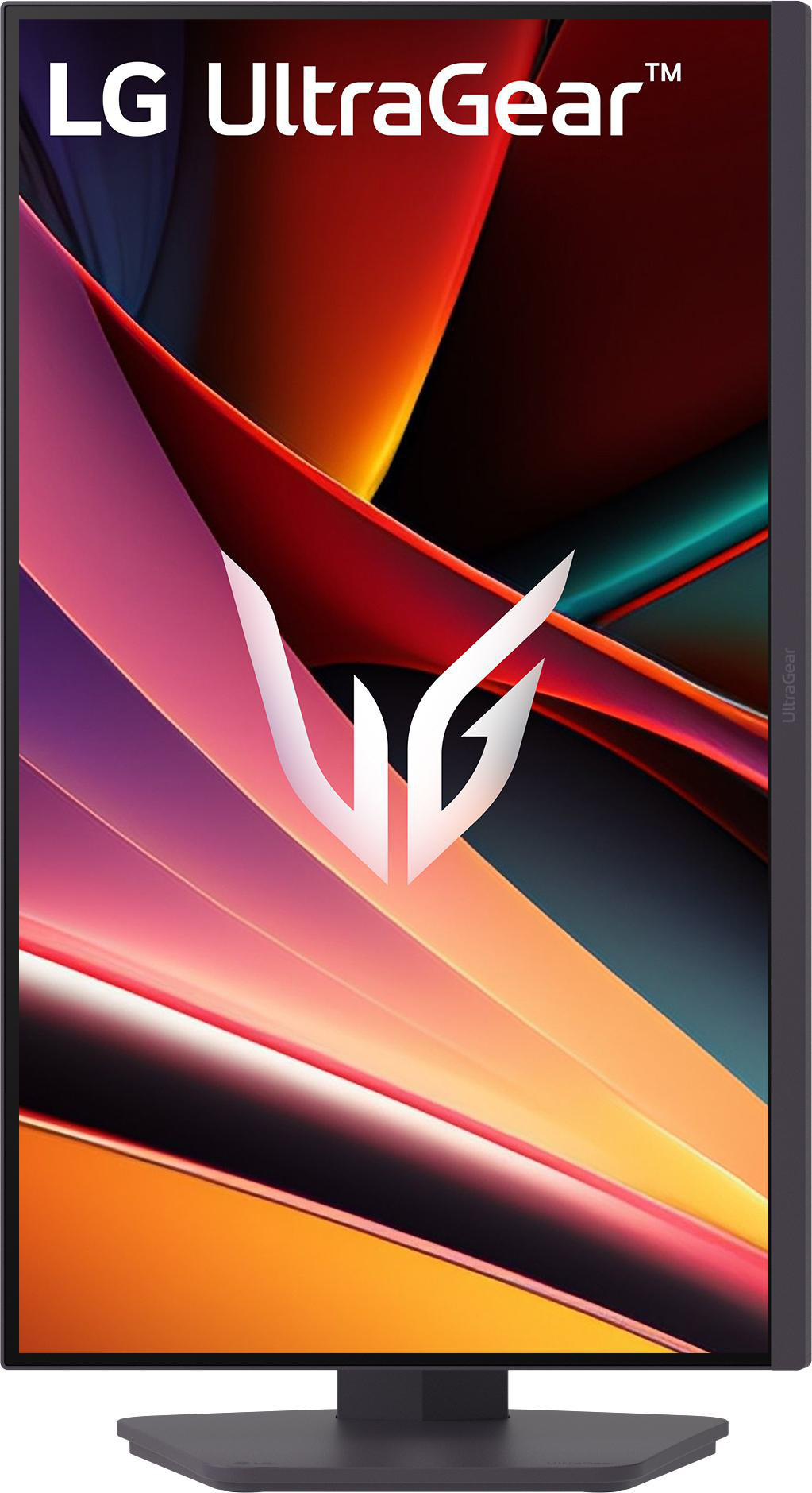 LG UltraGear Monitor. Das Display hat ein farbenfrohes abstraktes Design. Der Monitor ist schwarz mit Ständer und UltraGear Logo.