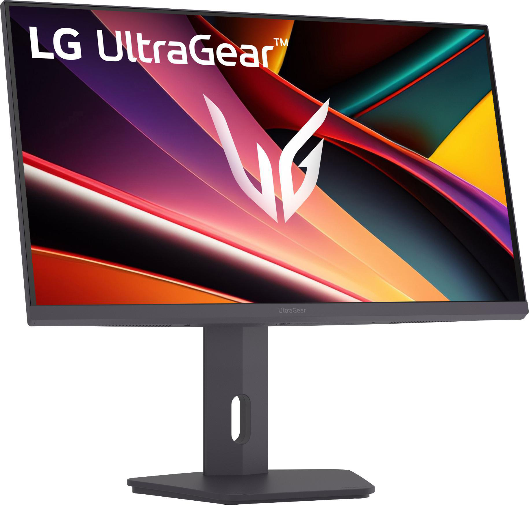 LG UltraGear Monitor. Das Display hat einen bunten, abstrakten Hintergrund. Der Monitor steht auf einem dunkelgrauen Ständer.