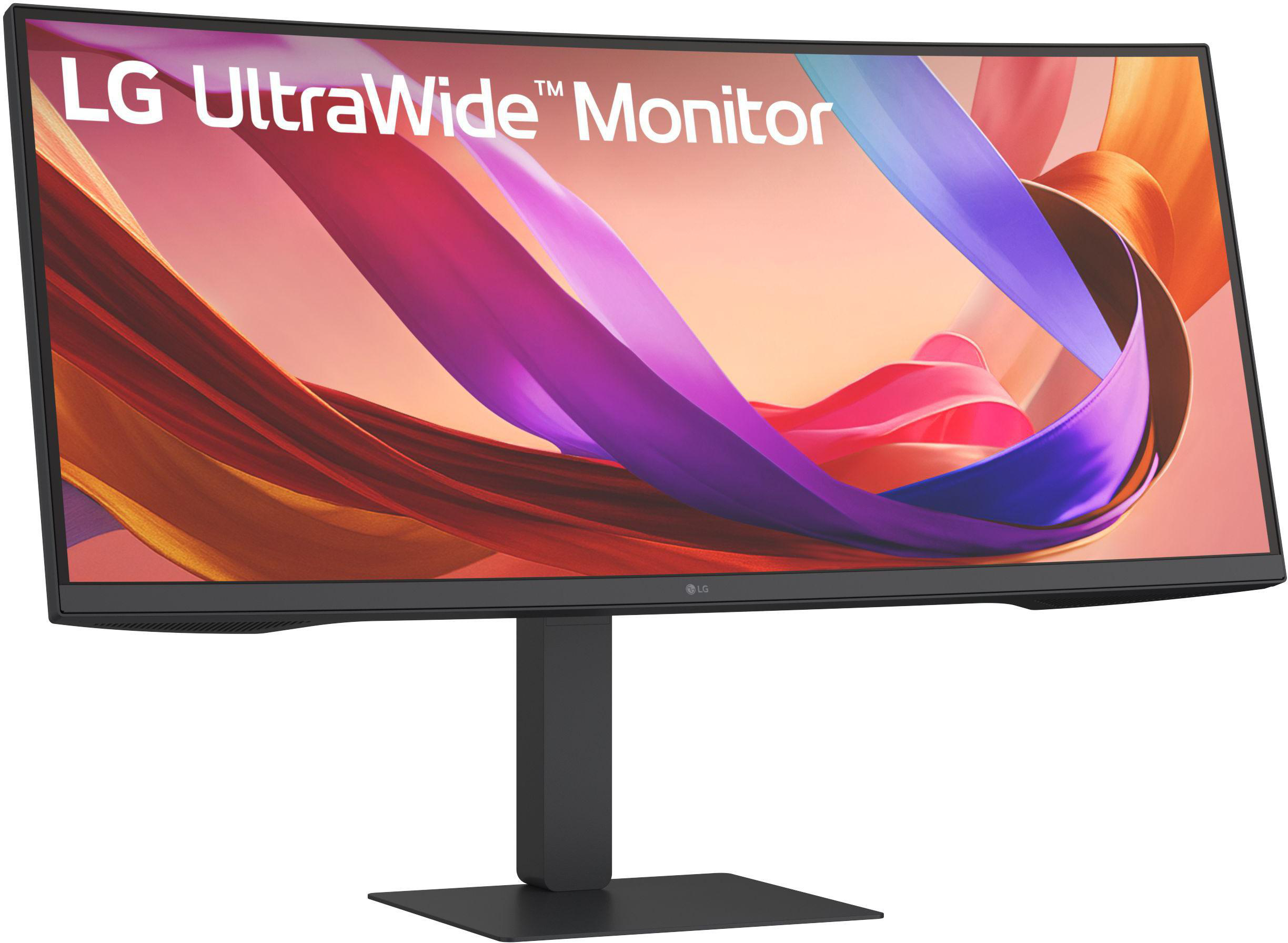 Ein LG UltraWide Monitor. Es hat einen gebogenen Bildschirm mit buntem, abstraktem Hintergrund. Schwarzer Ständer.