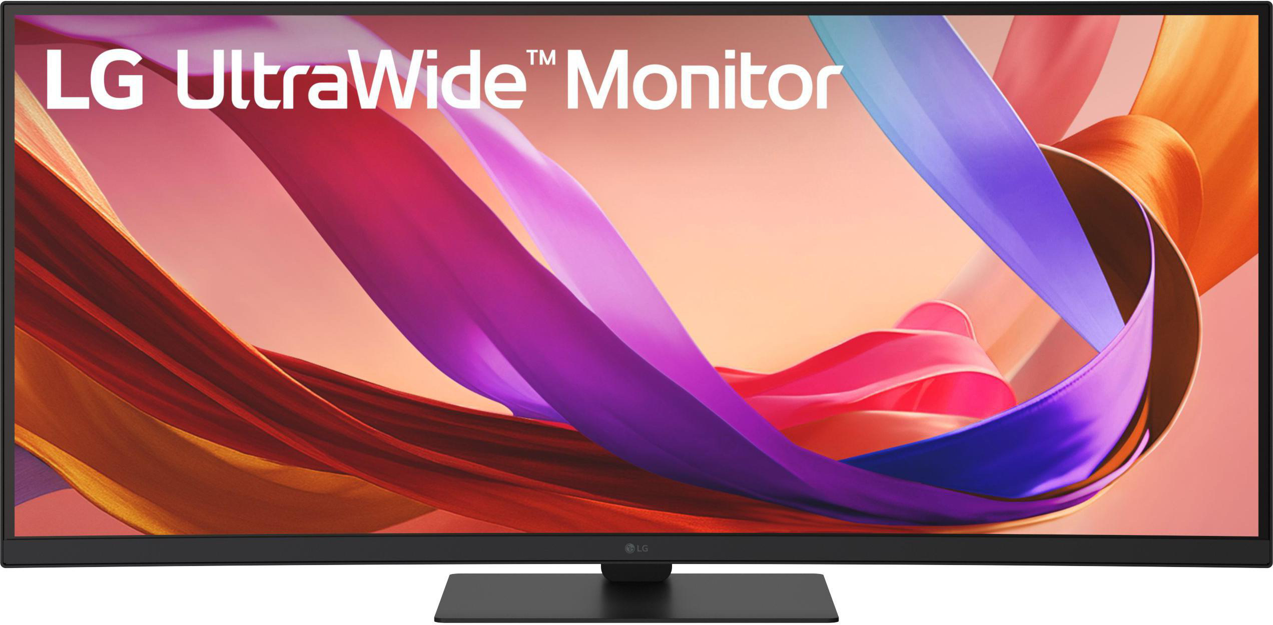 Ein LG UltraWide Monitor zeigt abstrakte, farbenfrohe Formen. Der Monitor hat einen schwarzen Fuß und Rahmen. LG-Logo sichtbar.