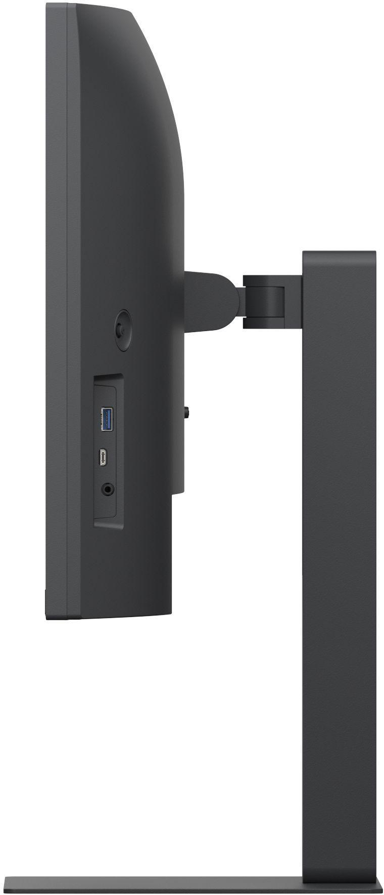 Seitenansicht eines dunkelgrauen Computermonitors. Er hat Anschlüsse und einen Ständer. Der Hintergrund ist weiß.
