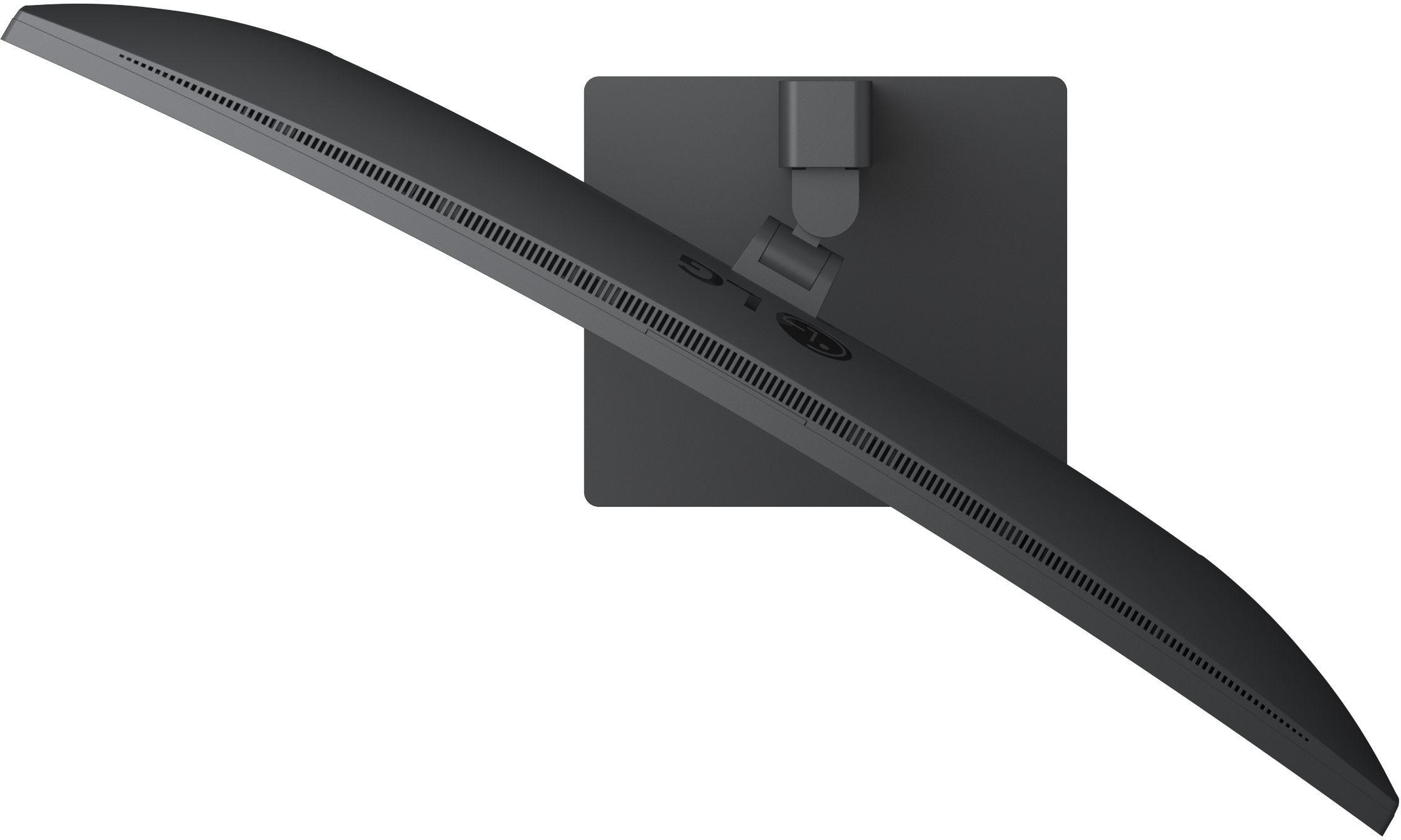 Ein schwarzer Computermonitor, der zum Betrachter hin abgewinkelt ist und die Rückseite und den Ständer zeigt. Das LG-Logo ist sichtbar.