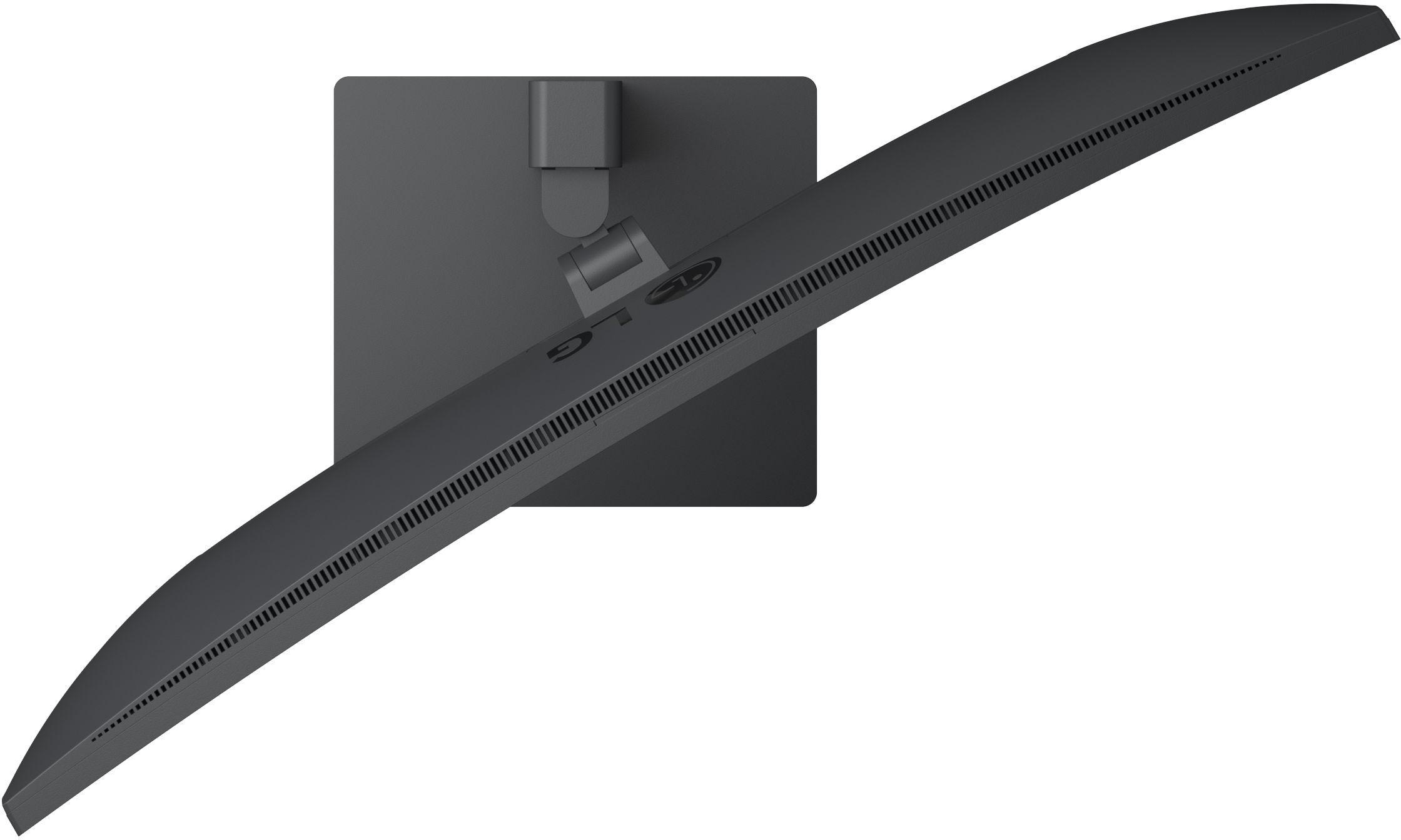 Draufsicht auf einen gebogenen schwarzen Computermonitor mit Ständer. Das LG-Logo ist sichtbar. Weißer Hintergrund.