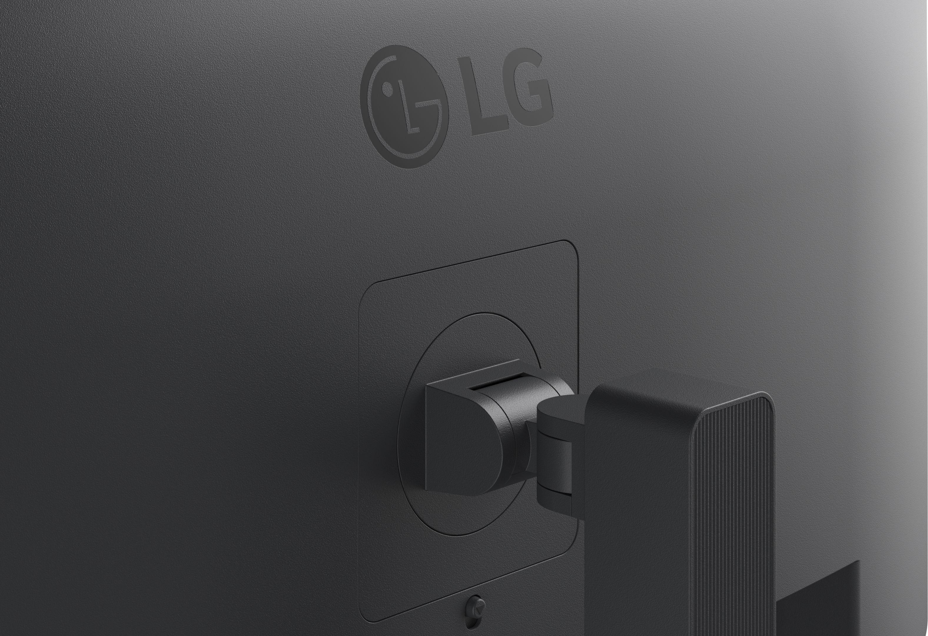 Die Rückseite eines schwarzen LG-Monitors mit dem LG-Logo. Ein Ständer und Anschlüsse sind sichtbar.