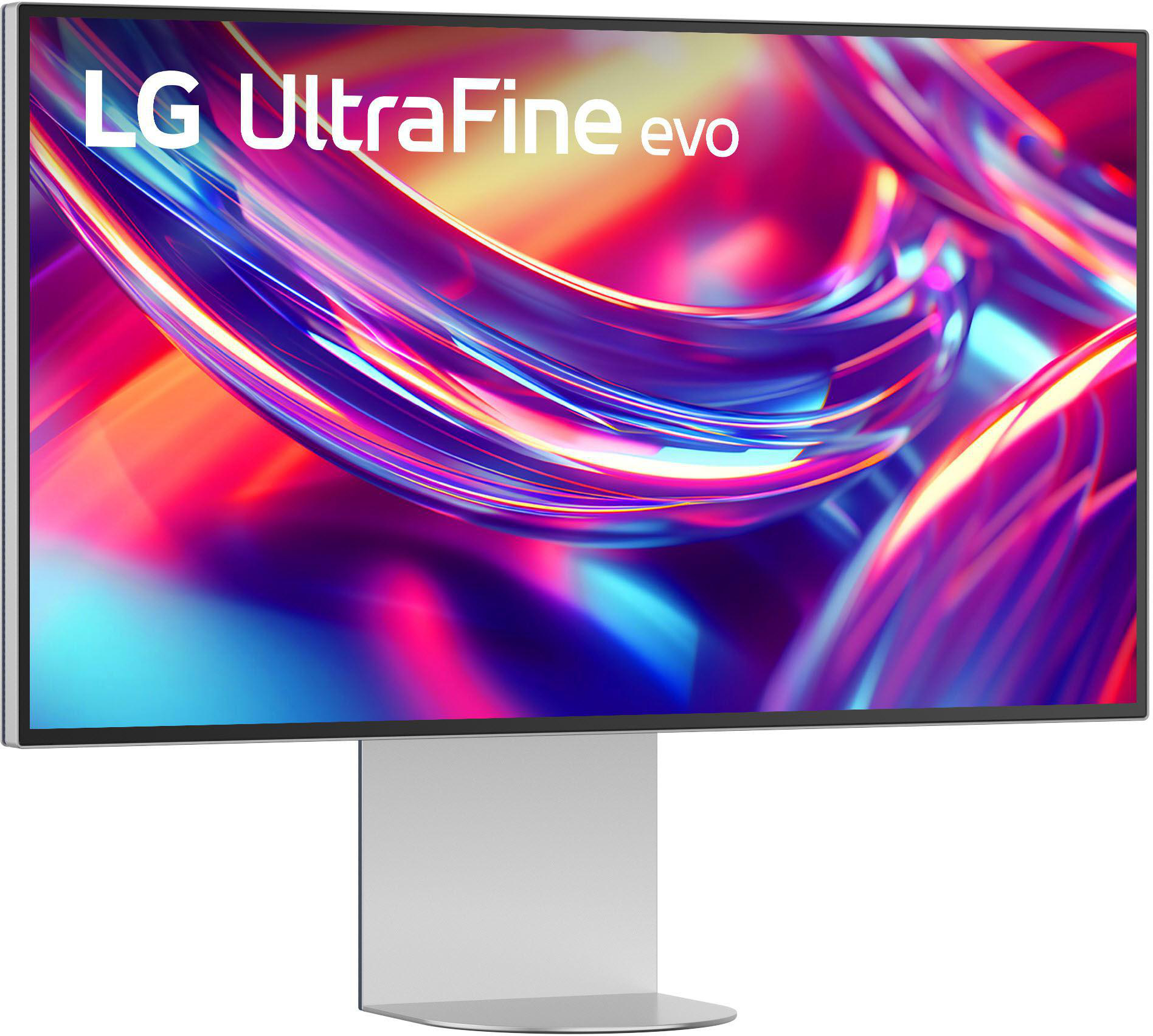 LG UltraFine evo-Monitor. Bildschirm zeigt farbenfrohe abstrakte Kunst. Silberner Ständer stützt den Bildschirm.