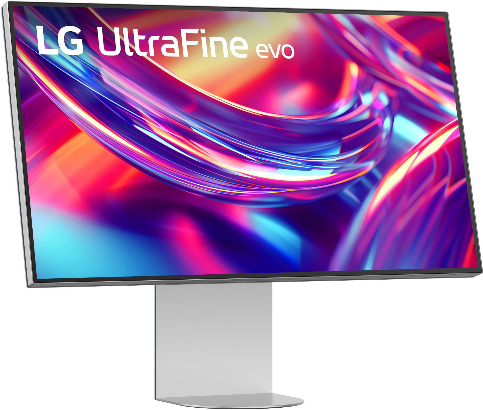 LG UltraFine evo Monitor. Der Bildschirm zeigt bunte abstrakte Kunst. Der Monitor ist silberfarben und steht auf weißem Untergrund.