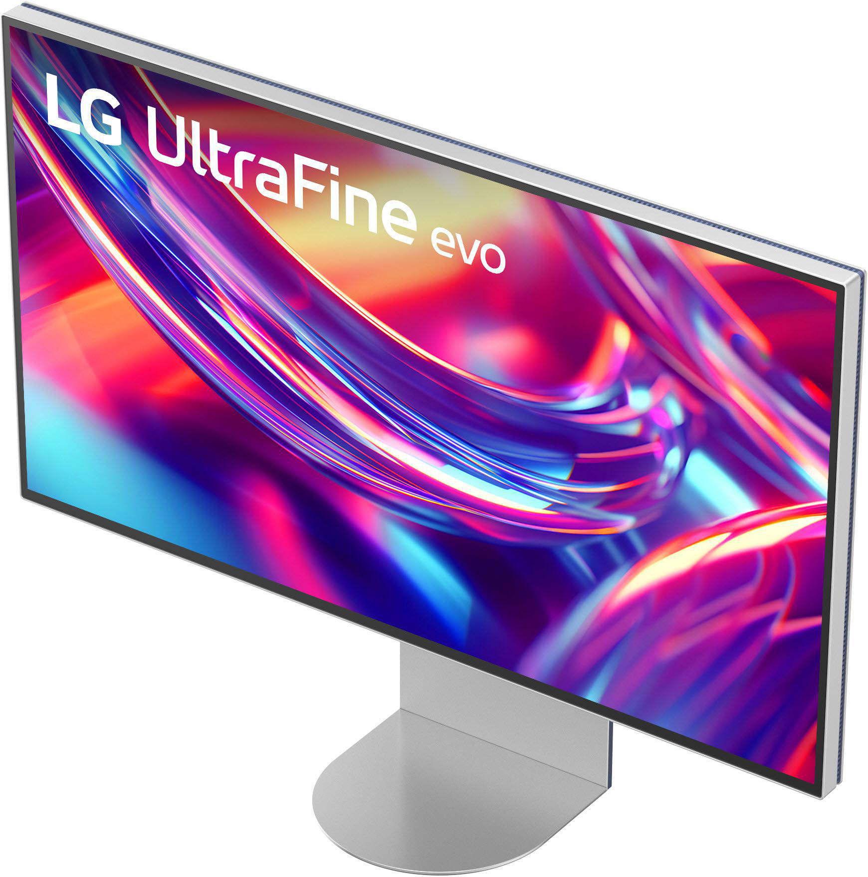 Ein LG UltraFine evo Monitor, silberner Sockel, farbenfrohes Display. Der Bildschirm zeigt eine lebendige Mischung aus Pink, Lila und Blau.