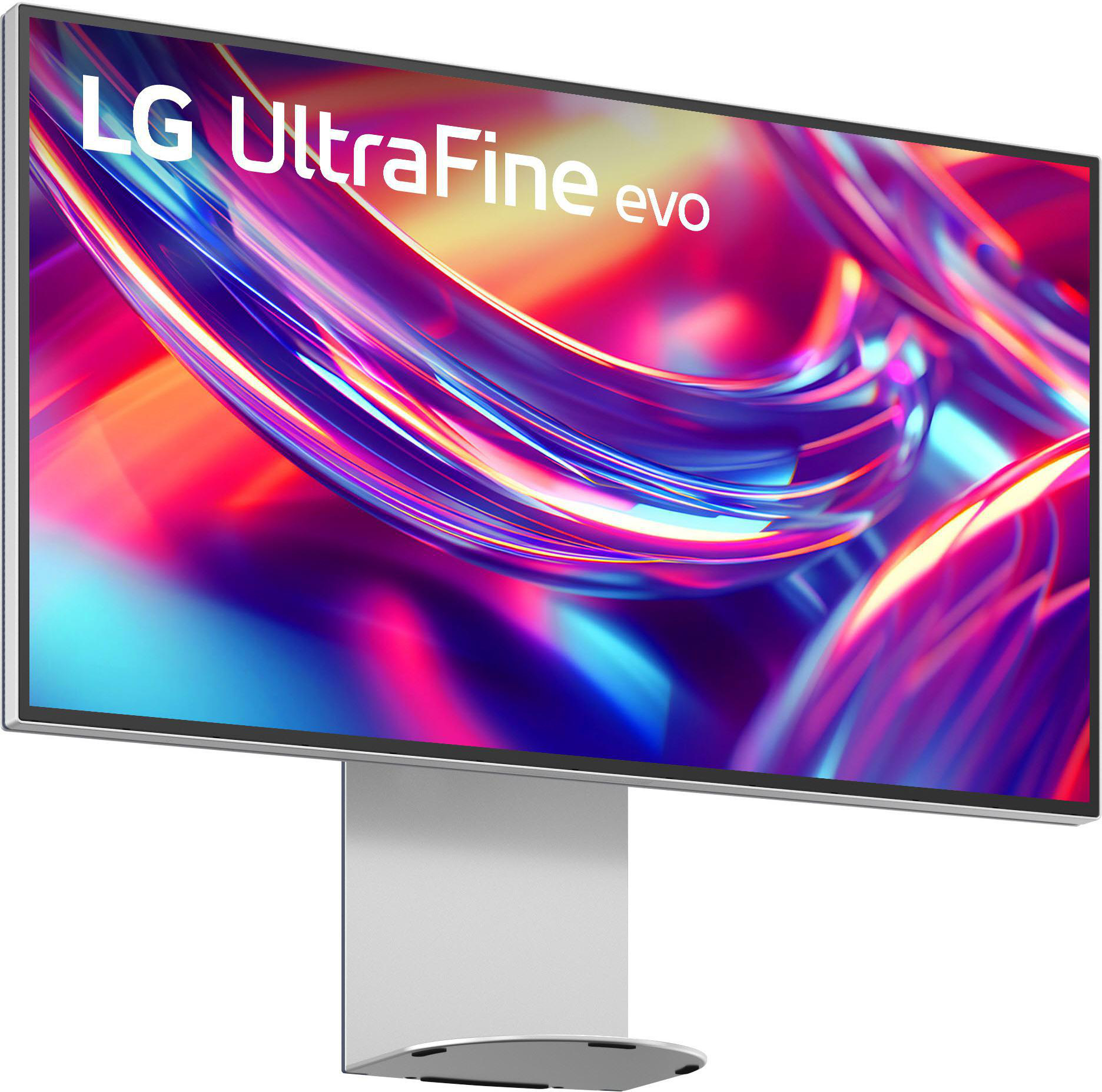 Ein LG Ultrafine evo Monitor. Der Bildschirm zeigt bunte abstrakte Formen. Der Ständer und Rahmen sind silber.