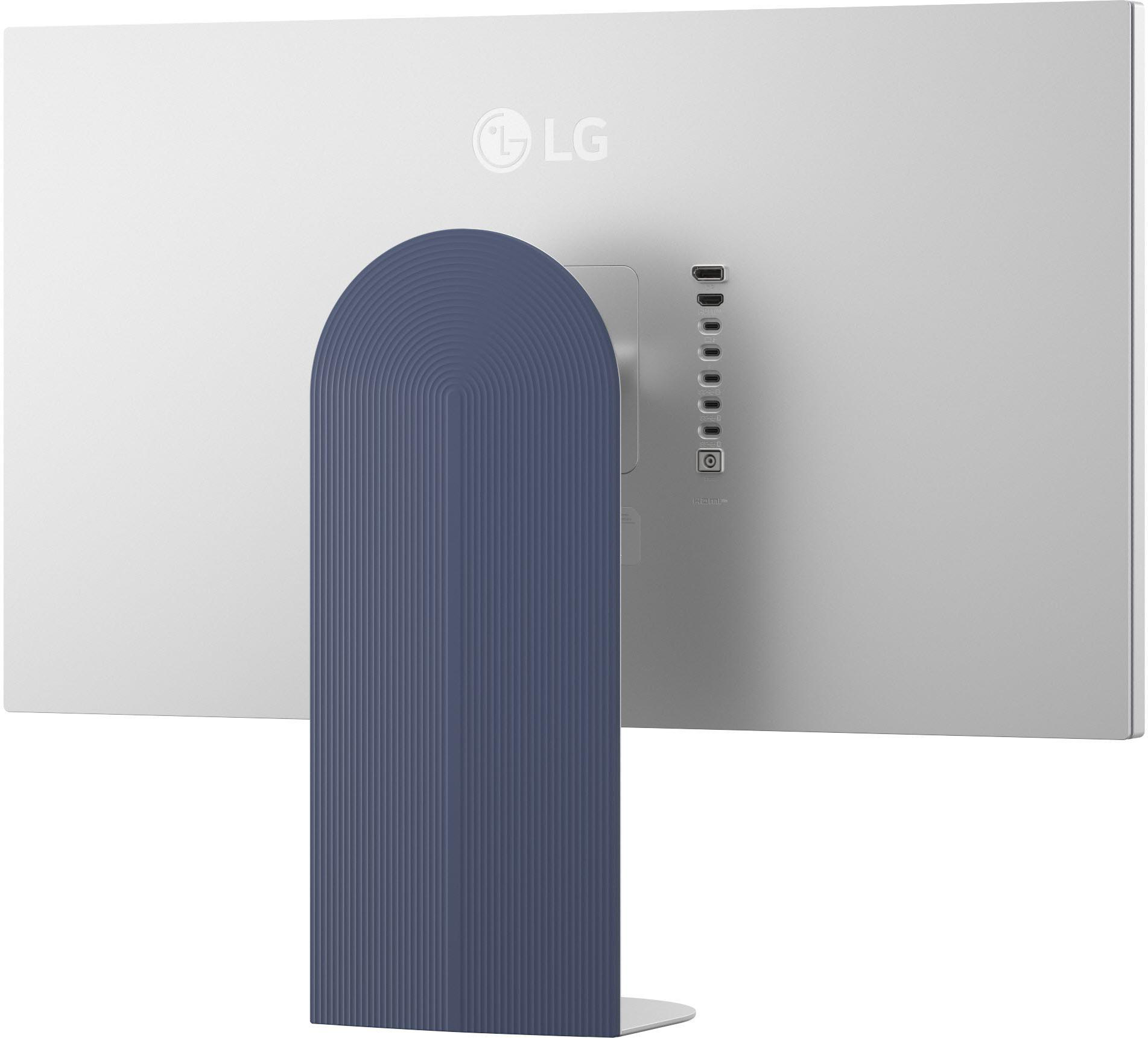 Die Rückseite eines silbernen LG-Monitors mit blauem, gewölbtem Ständer. Anschlüsse sind sichtbar.