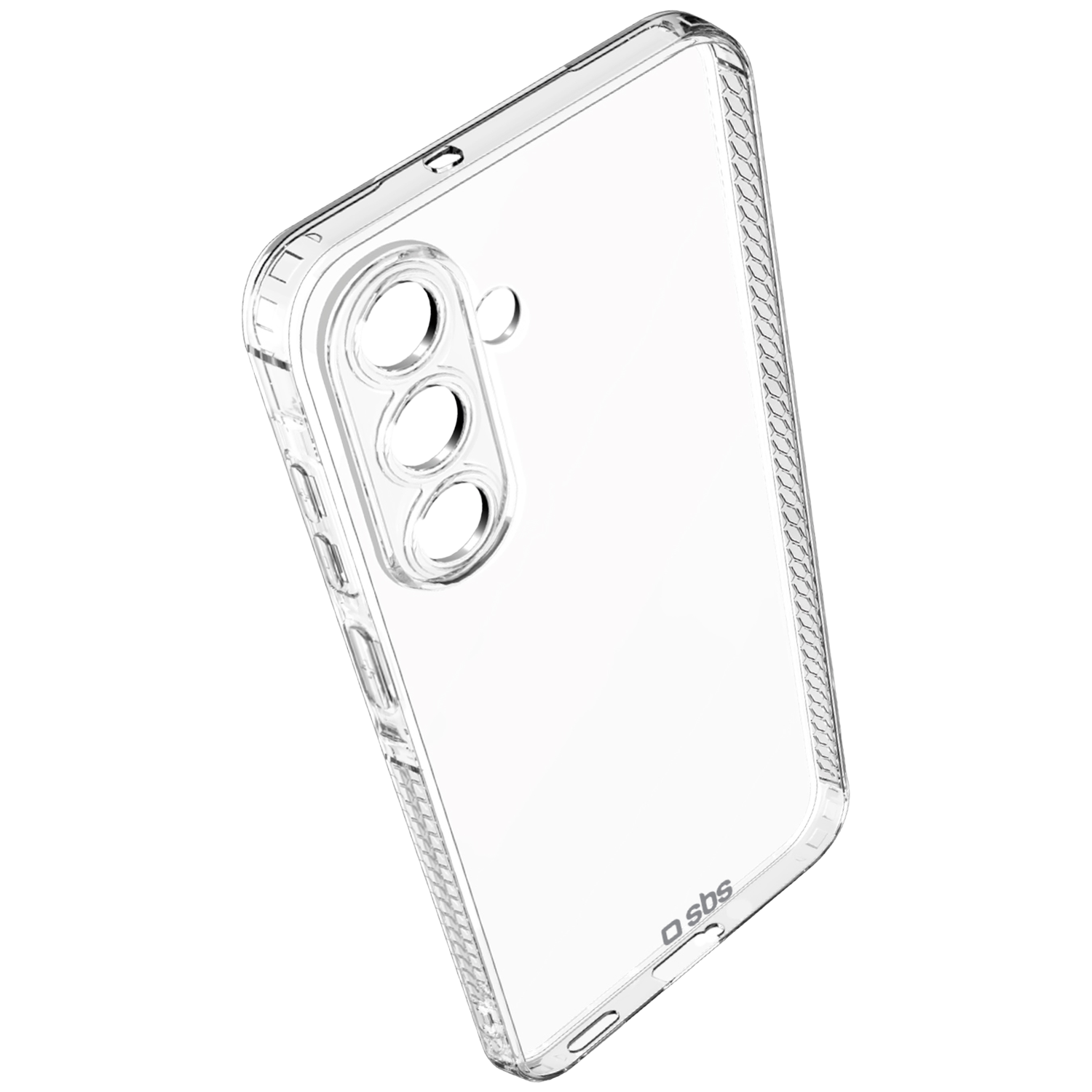 Een doorzichtige telefoonhoes met drie cameralenzen en het merk 'sbs' in de rechterbenedenhoek, schuin liggend.