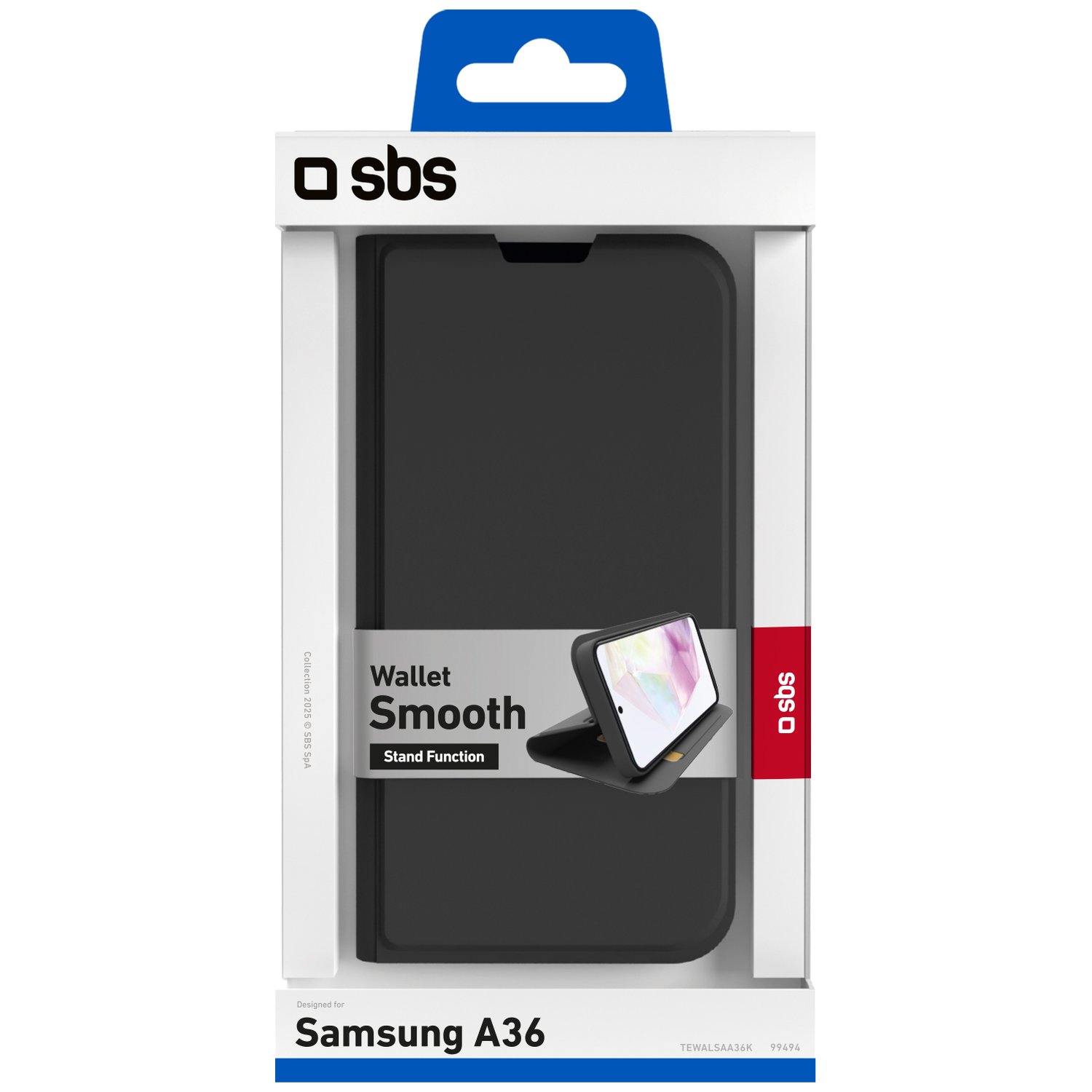 Un étui de téléphone noir dans son emballage. L'étui est pour un Samsung A36. Il a une fonction de support et la marque est SBS.