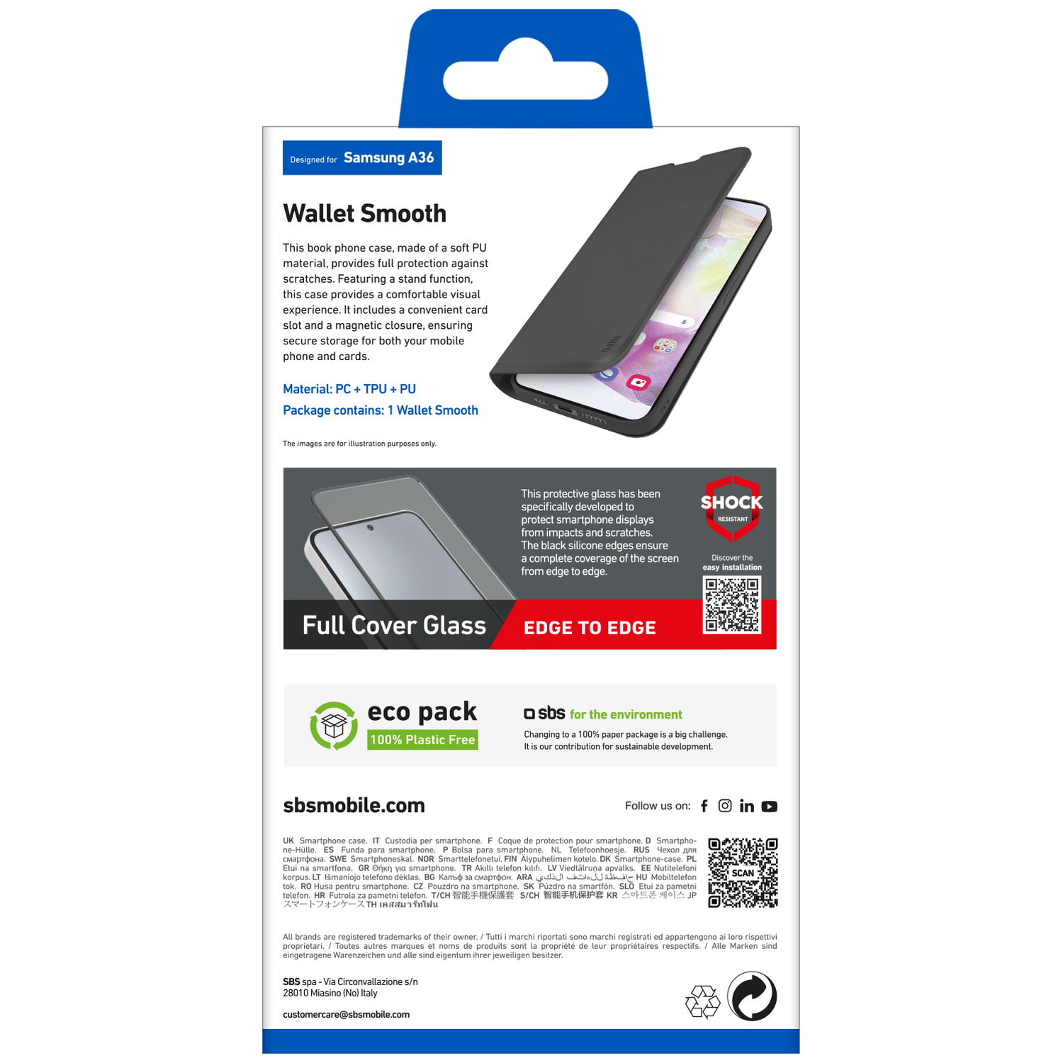 Étui noir pour Samsung A36. Avec support, fente pour carte, fermeture magnétique. Verre intégral inclus. Emballage écologique.