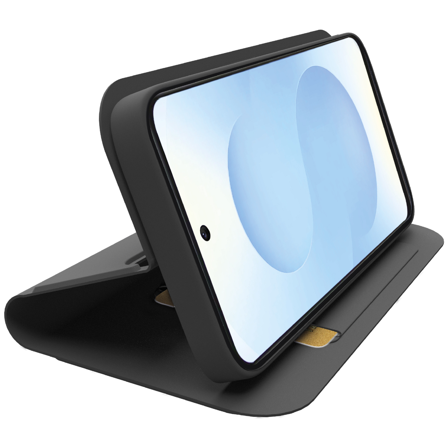 Un smartphone noir dans un étui noir, affichant un écran bleu clair. Une carte dorée est visible dans une fente.