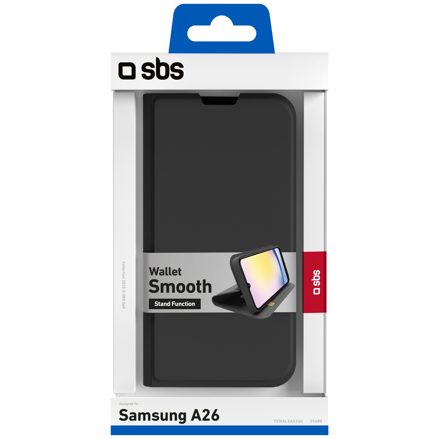 Een zwarte telefoonhoes voor een Samsung A26 wordt gepresenteerd in een witte doos. De doos heeft het SBS-logo en productinformatie.