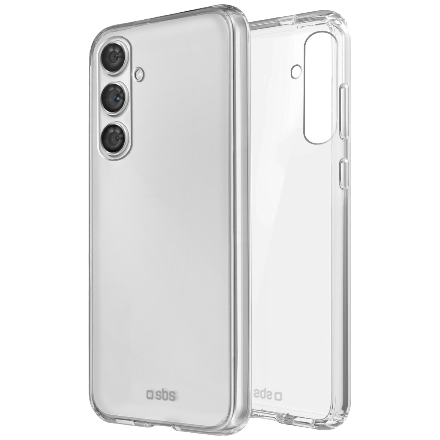 Transparante telefoonhoes. De hoes heeft een camera-uitsparing, uitsparingen voor de zijknoppen en het logo 'sbs'. Een ander deel van de hoes staat ernaast.