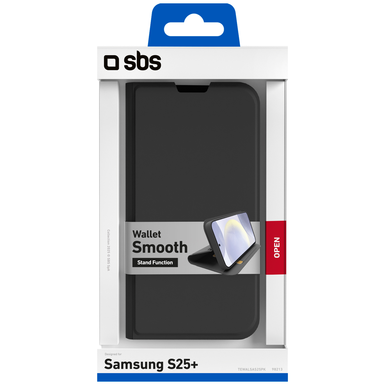 Een telefoonhoesje voor Samsung S25+ in de verpakking. De hoes is zwart en de verpakking wit met blauwe accenten. Het merk is 'sbs'.