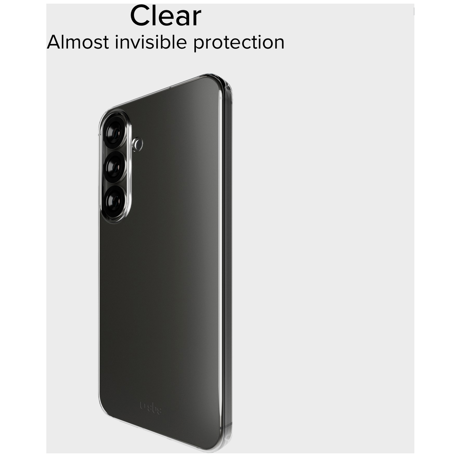 Een doorzichtige telefoonhoes die een smartphone beschermt. De hoes is bijna onzichtbaar. De telefoon heeft drie camera's.