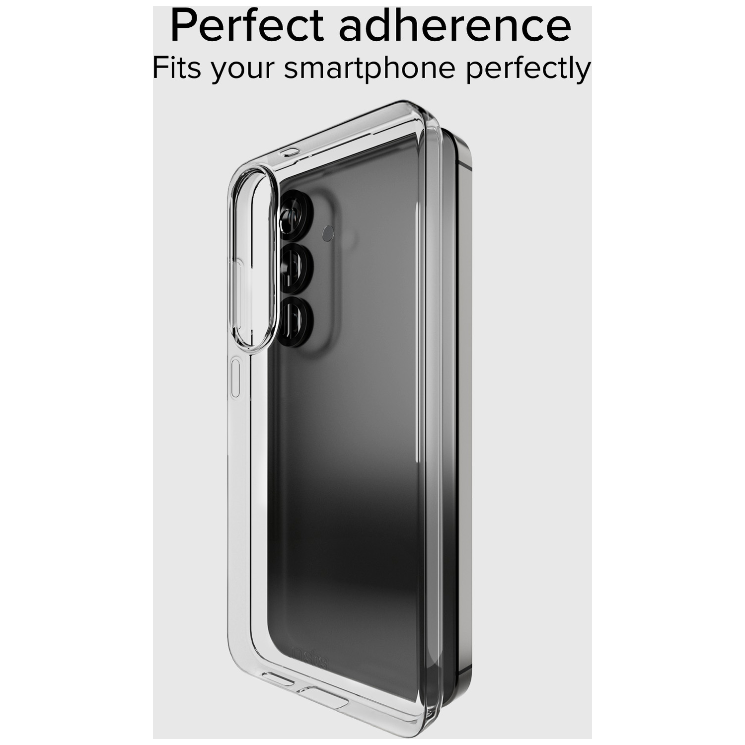 Een doorzichtige telefoonhoes is op een telefoon aangebracht. De telefoon heeft drie cameralenzen. Tekst: Perfecte hechting, Past perfect op je smartphone.