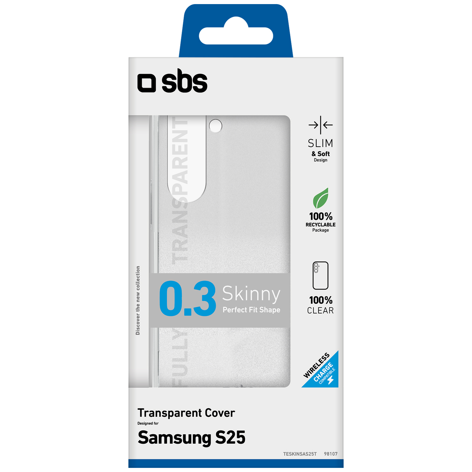 Een telefoonhoesjesverpakking. Het is transparant en heeft het label 'Transparent Cover' voor Samsung S25. Kenmerken zijn 'Slim', 'Recyclable' en 'Wireless Charge'.