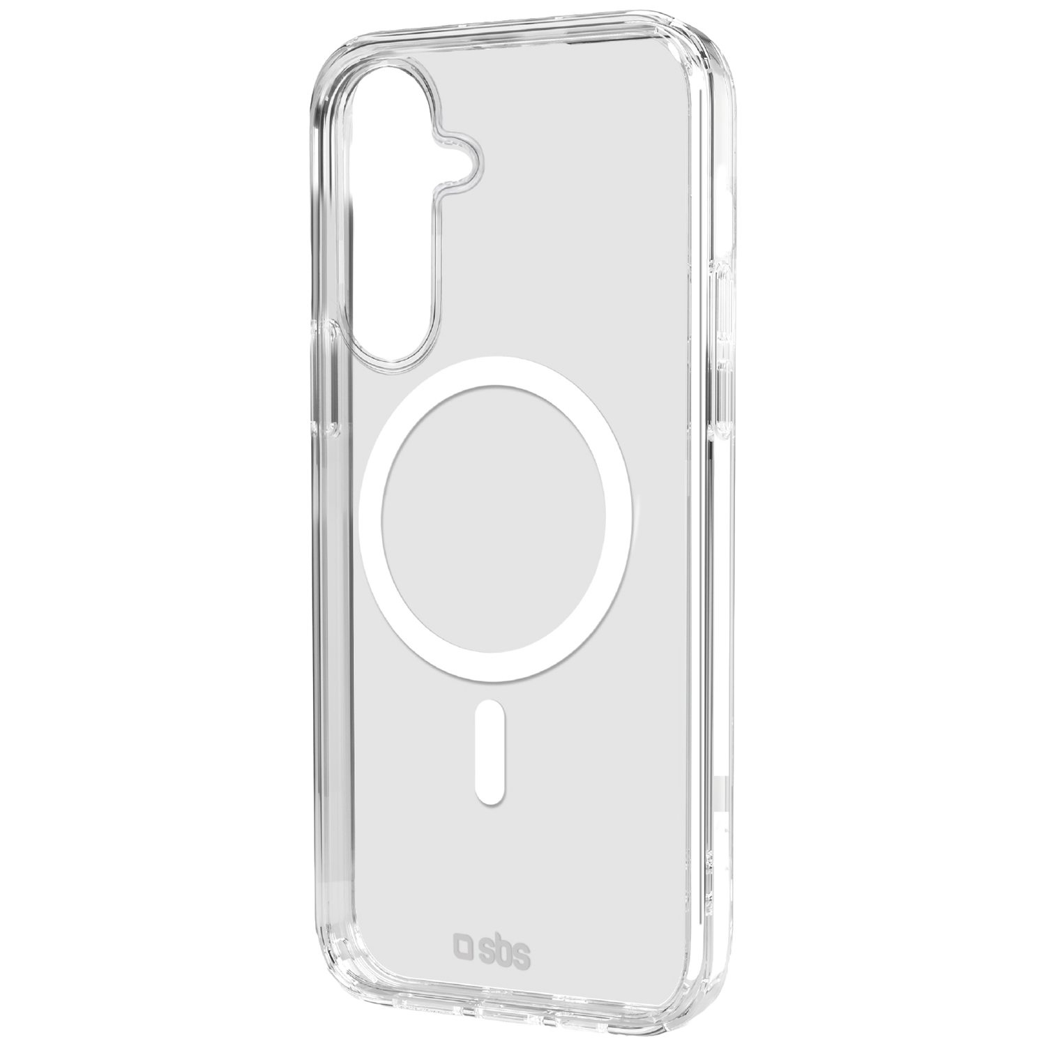 Een doorzichtige telefoonhoes met een witte magnetische ring en een kleine witte balk. De hoes heeft het 'sbs' logo onderaan.