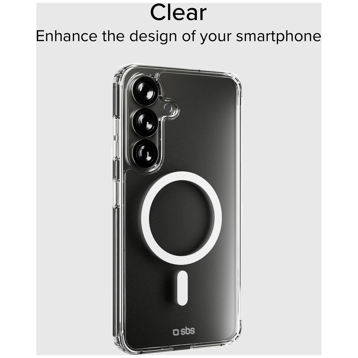 Transparante telefoonhoes op een smartphone. Beschikt over een witte cirkel en een witte balk. De telefoon heeft drie cameralenzen.